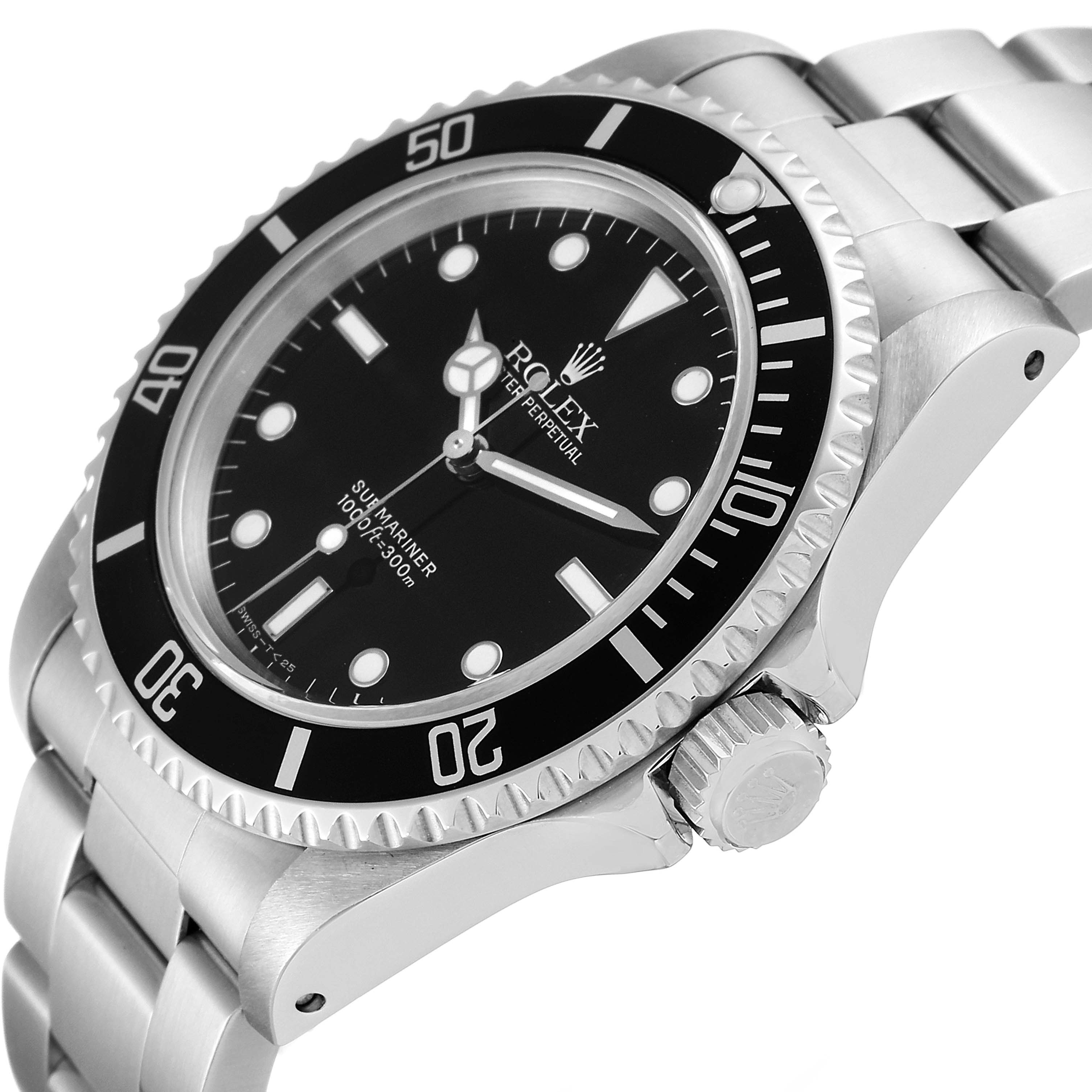 The image shows a close-up, angled view of a Rolex Submariner 14060 Men
s Stainless Steel Black Dial 14060 Men
s Stainless Steel Black Dial watch, highlighting the dial, bezel, crown, and part of the bracelet.