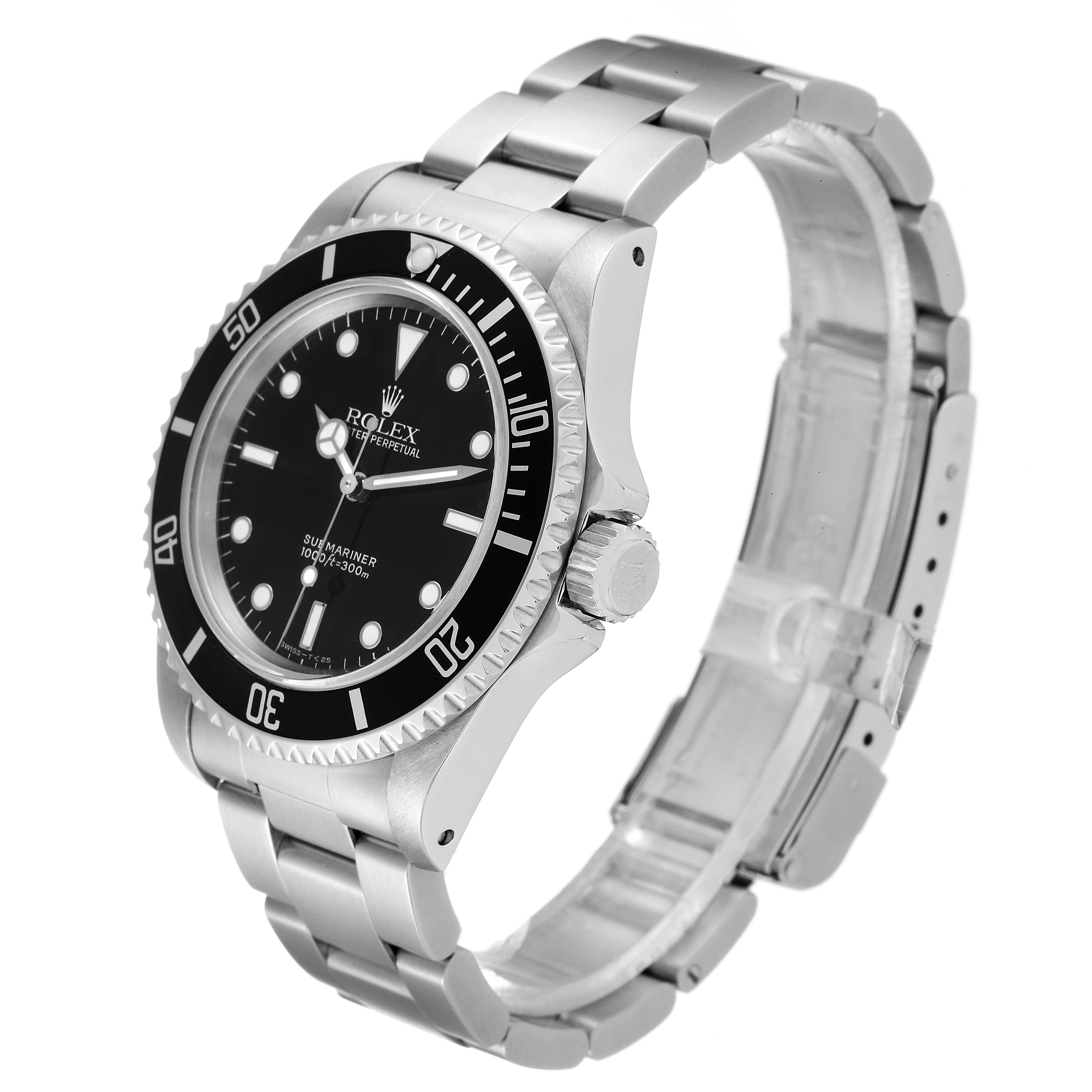 The image shows a Rolex Submariner 14060 Men
s Stainless Steel Black Dial 14060 Men
s Stainless Steel Black Dial watch at an angled view, highlighting the dial, bezel, crown, and bracelet.