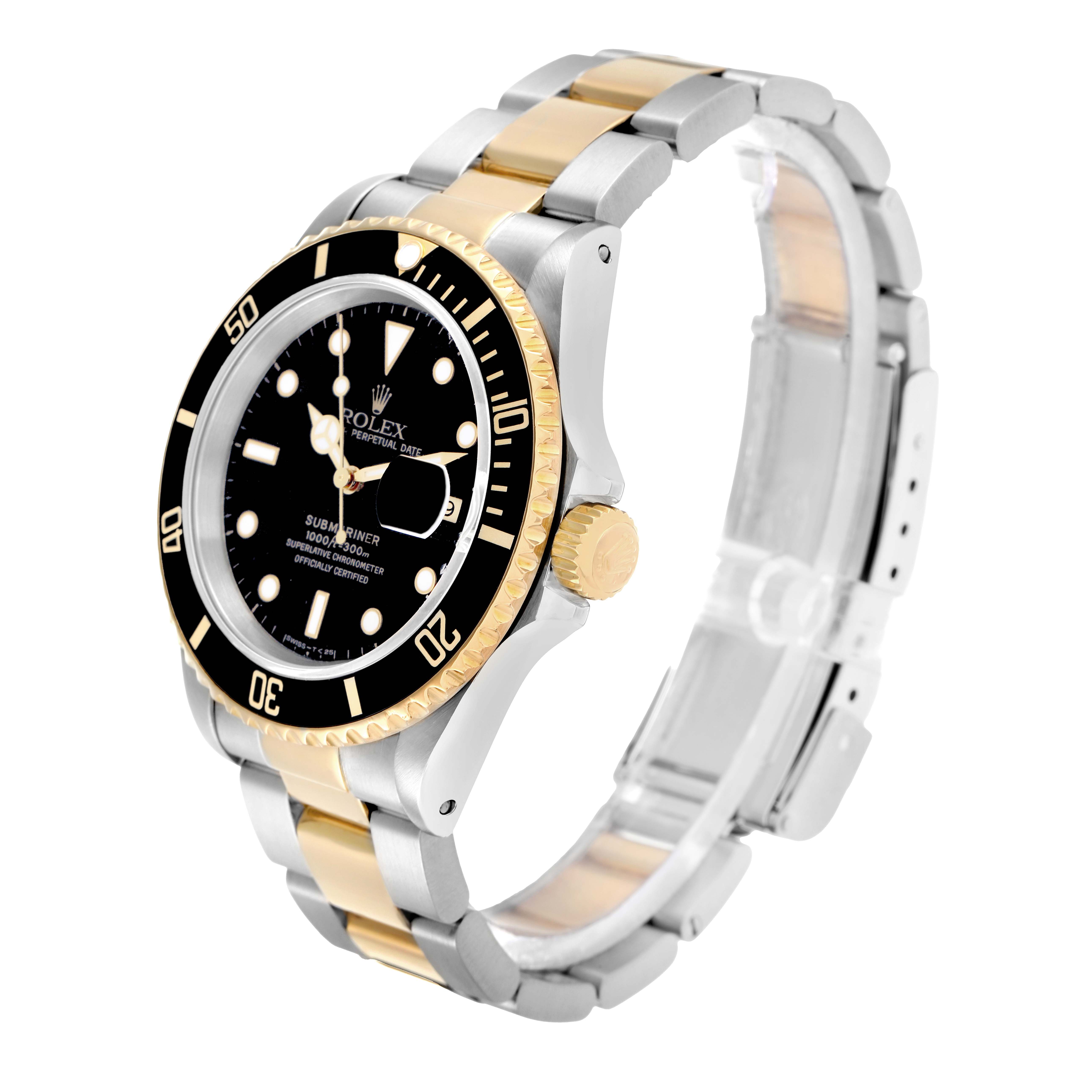 The Rolex Submariner 16613 Men
s Steel and Gold (two tone) Black Dial is shown at a slight angle, highlighting the watch face, bezel, crown, and two-tone bracelet.