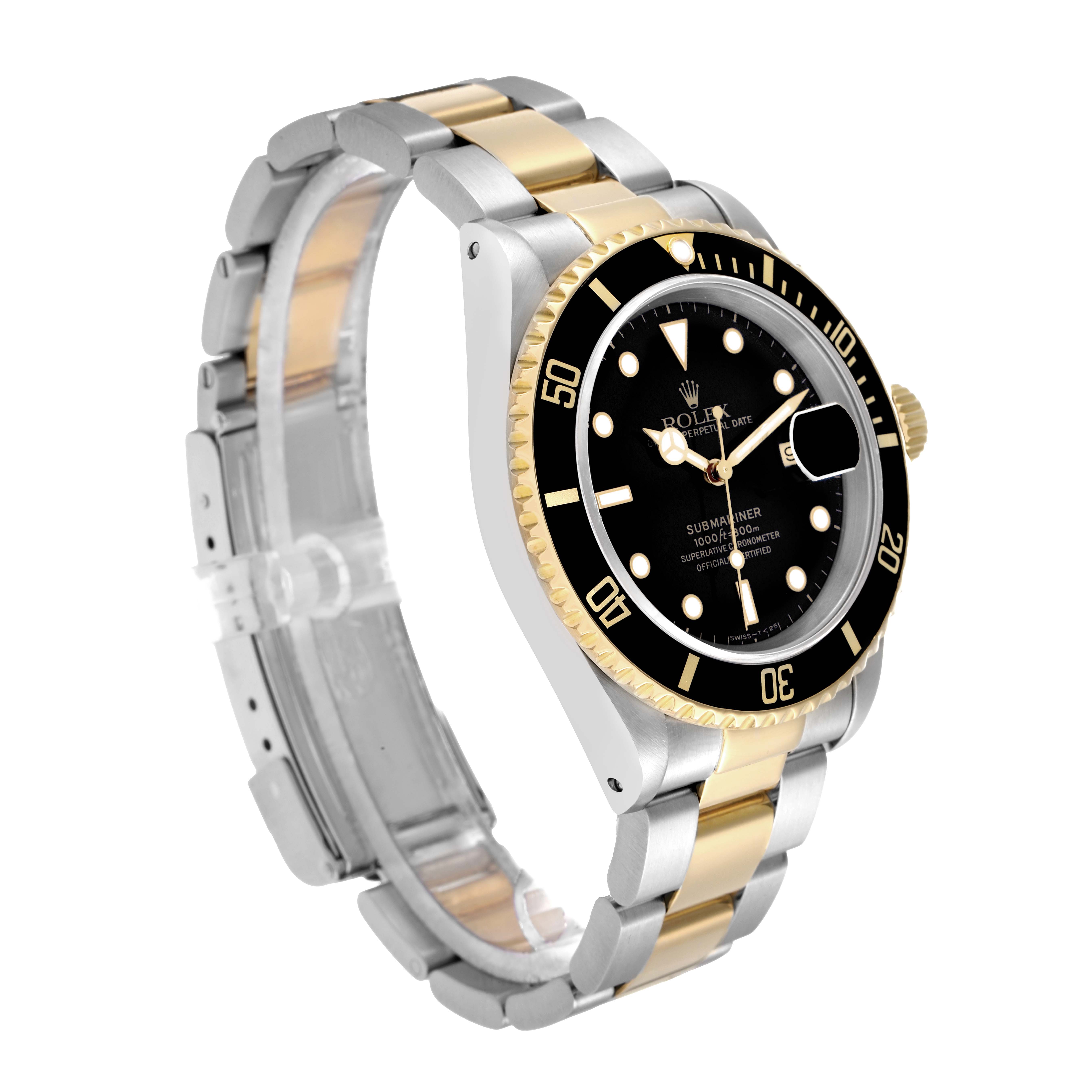 The Rolex Submariner 16613 Men
s Steel and Gold (two tone) Black Dial is shown at a three-quarter angle, highlighting the black dial, bezel, and two-tone bracelet.