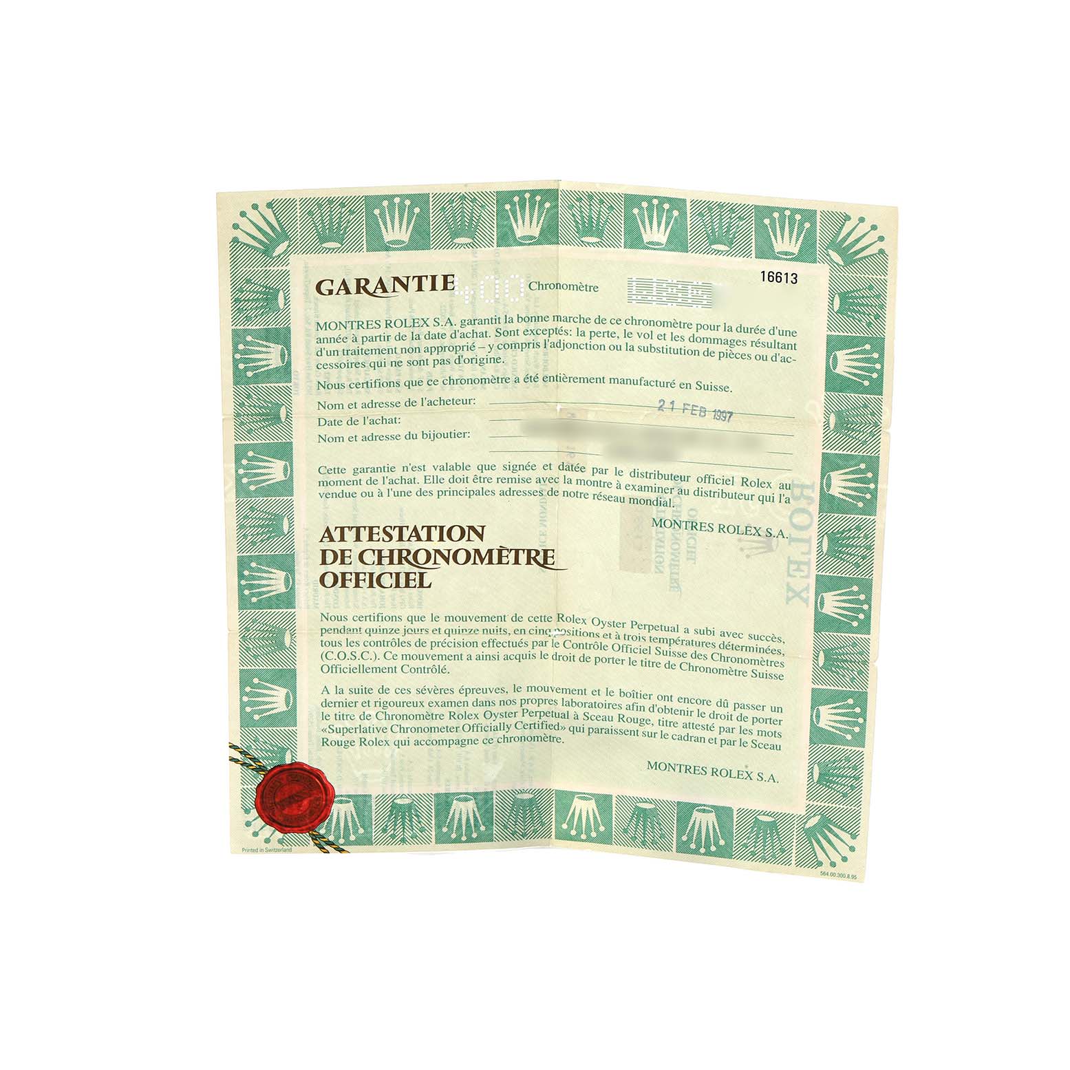 The image shows the warranty certificate for a Rolex Submariner 16613 Men
s Steel and Gold (two tone) Black Dial watch, featuring text and graphics in green.