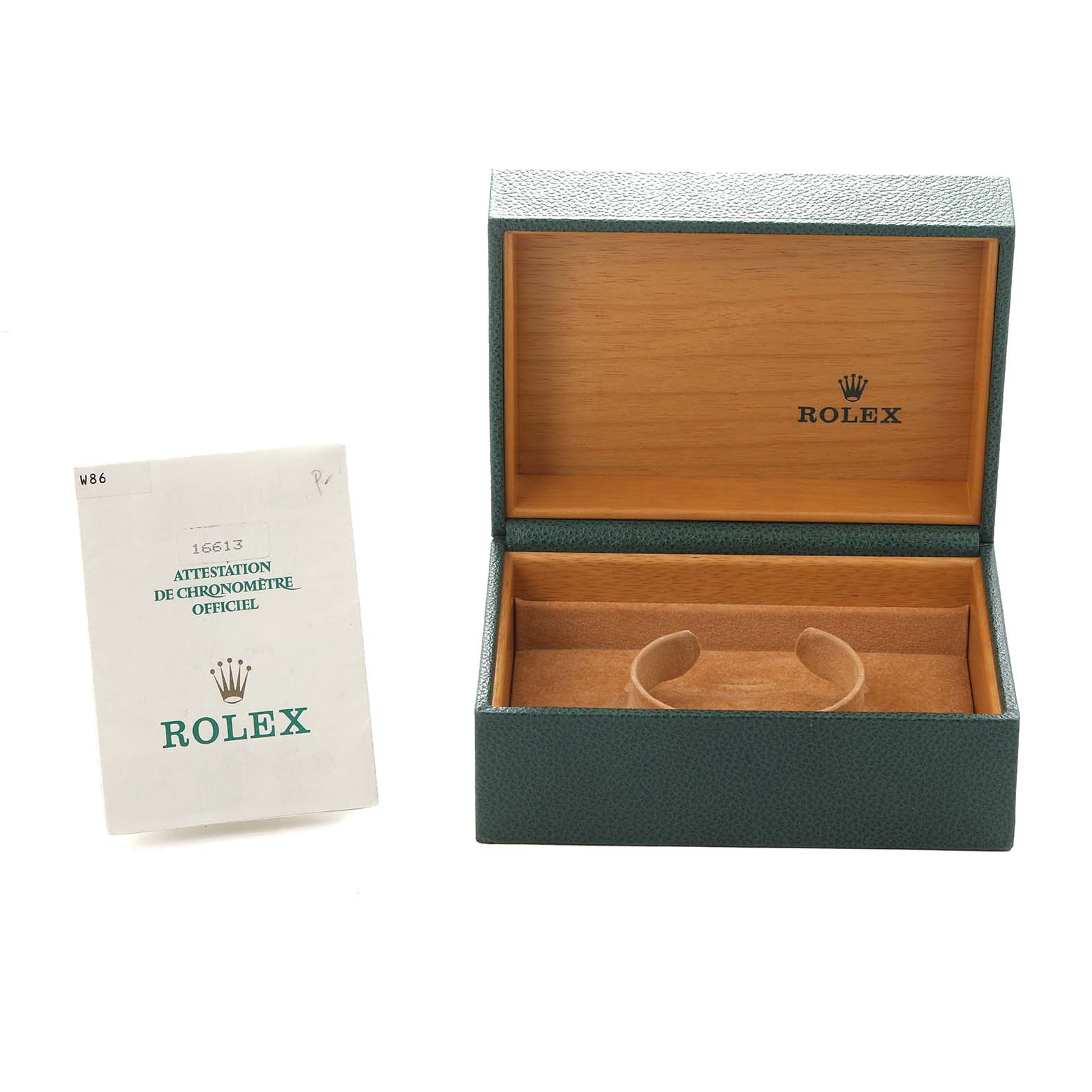 The image shows the open box and certificate for a Rolex Submariner 16613 Men
s Steel and Gold (two tone) Black Dial, viewed from the front.