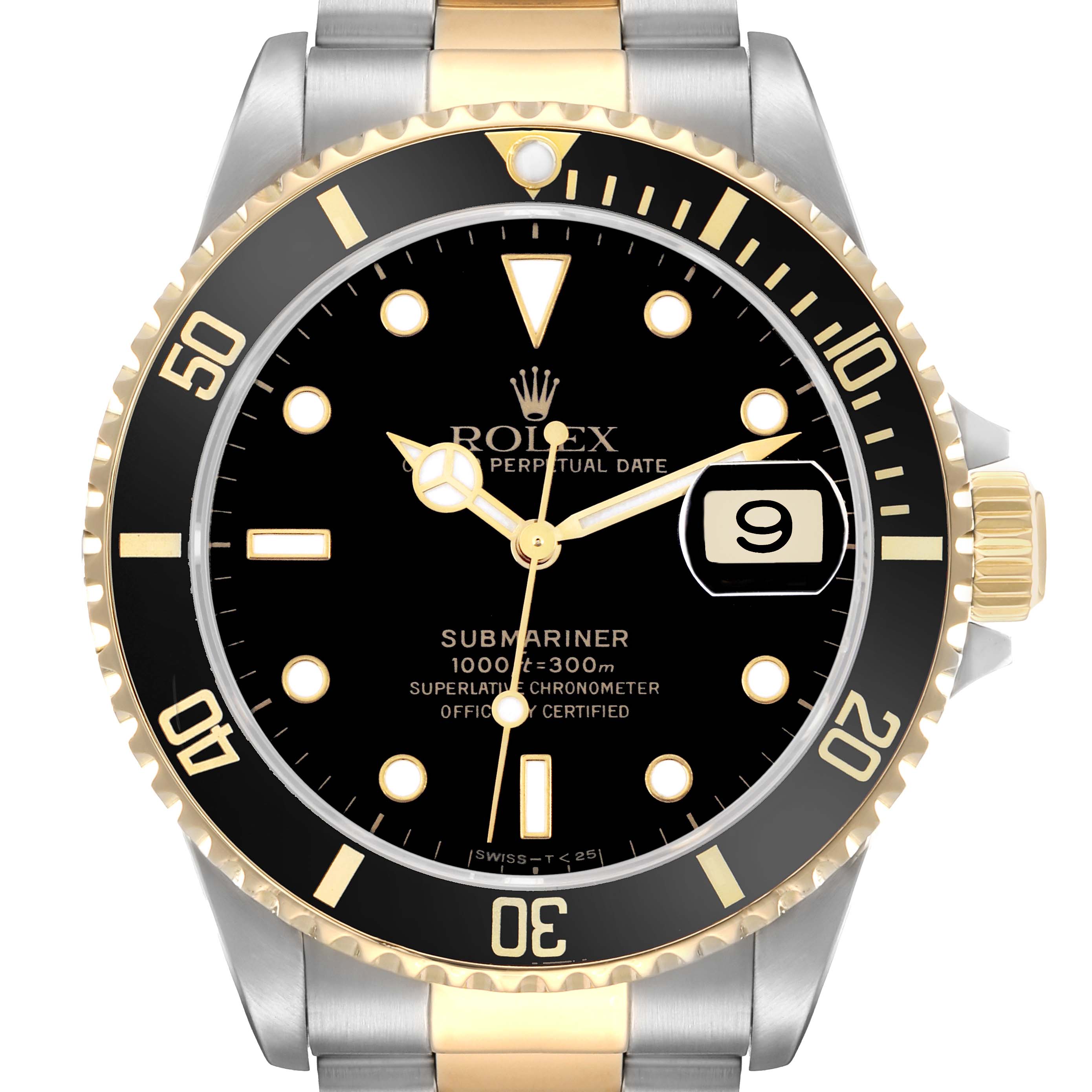 The Rolex Submariner 16613 Men
s Steel and Gold (two tone) Black Dial watch is shown from the front, displaying its dial, bezel, and part of the bracelet.