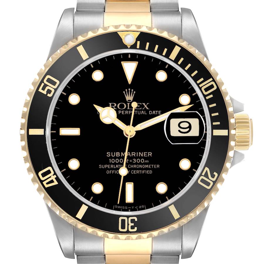 The Rolex Submariner 16613 Men's Steel and Gold (two tone) Black Dial watch is shown from the front, displaying its dial, bezel, and part of the bracelet.