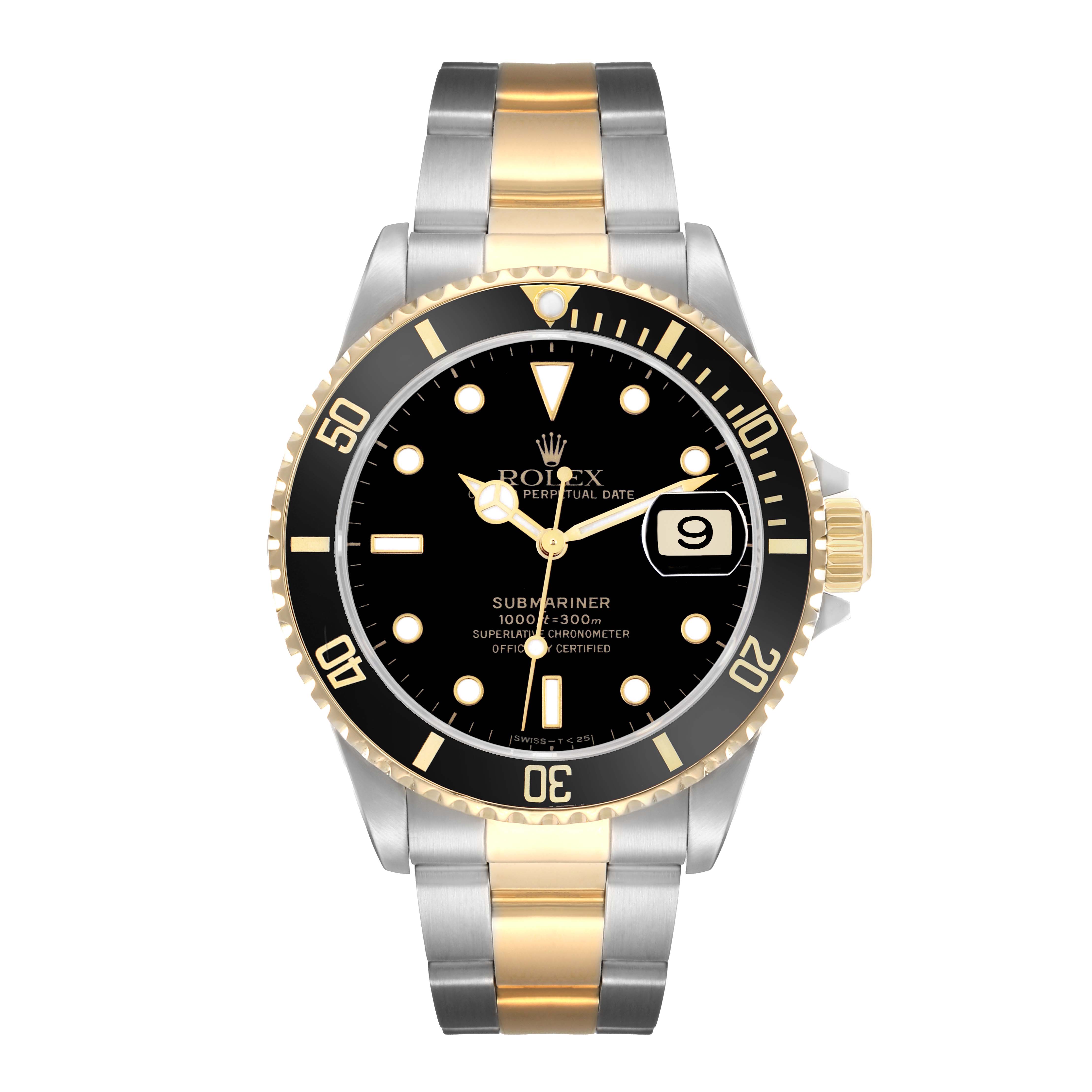 The Rolex Submariner 16613 Men
s Steel and Gold (two tone) Black Dial watch is shown from a front angle, highlighting its dial, bezel, and two-tone bracelet.