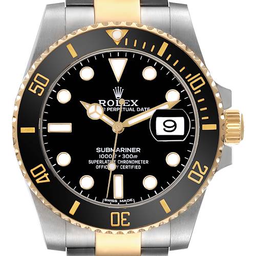 This image shows a front-angle view of a Rolex Submariner watch, highlighting the dial, bezel, and bracelet.