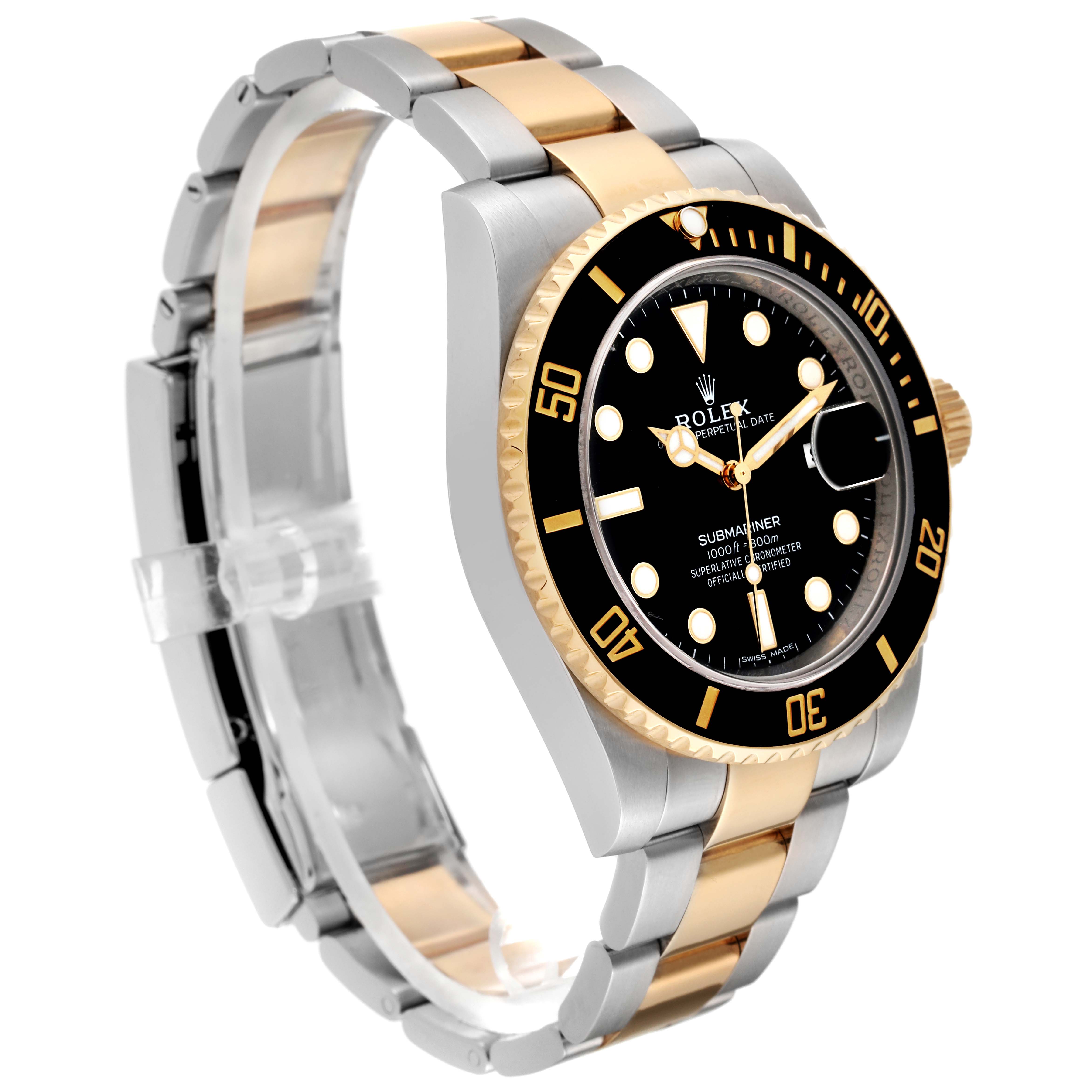 The Rolex Submariner 116613 Men's Steel and Gold (two tone) Black Dial 116613 Men's Steel and Gold (two tone) Black Dial watch is shown at a three-quarter angle, displaying its black dial, bezel, and two-tone metal bracelet.