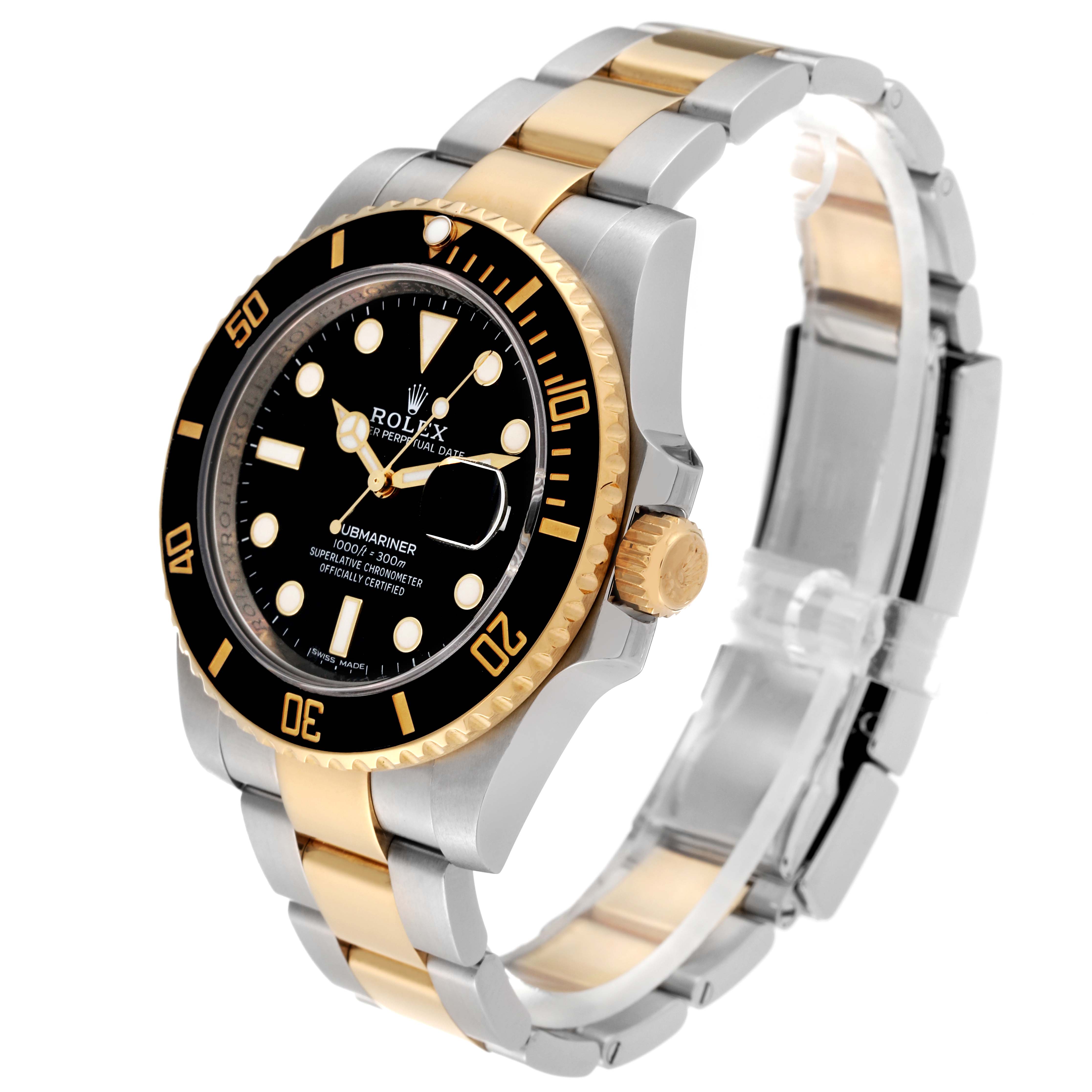 The image shows a Rolex Submariner 116613 Men's Steel and Gold (two tone) Black Dial 116613 Men's Steel and Gold (two tone) Black Dial watch at a three-quarter angle, highlighting its black dial, rotating bezel, and two-tone bracelet.
