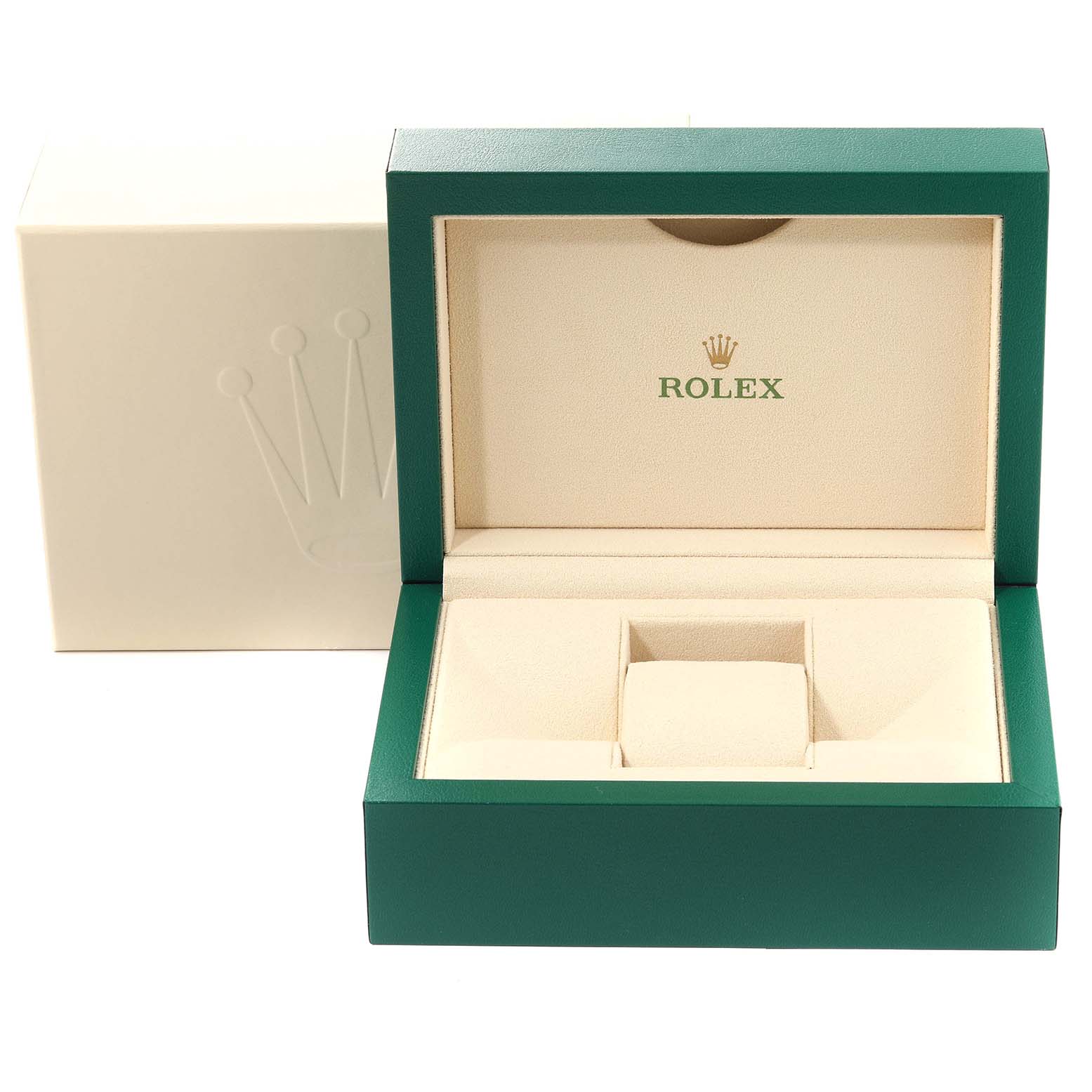 The image shows an open Rolex Submariner 116613 Men's Steel and Gold (two tone) Black Dial 116613 Men's Steel and Gold (two tone) Black Dial watch box with green and cream-colored interior, featuring the Rolex logo.