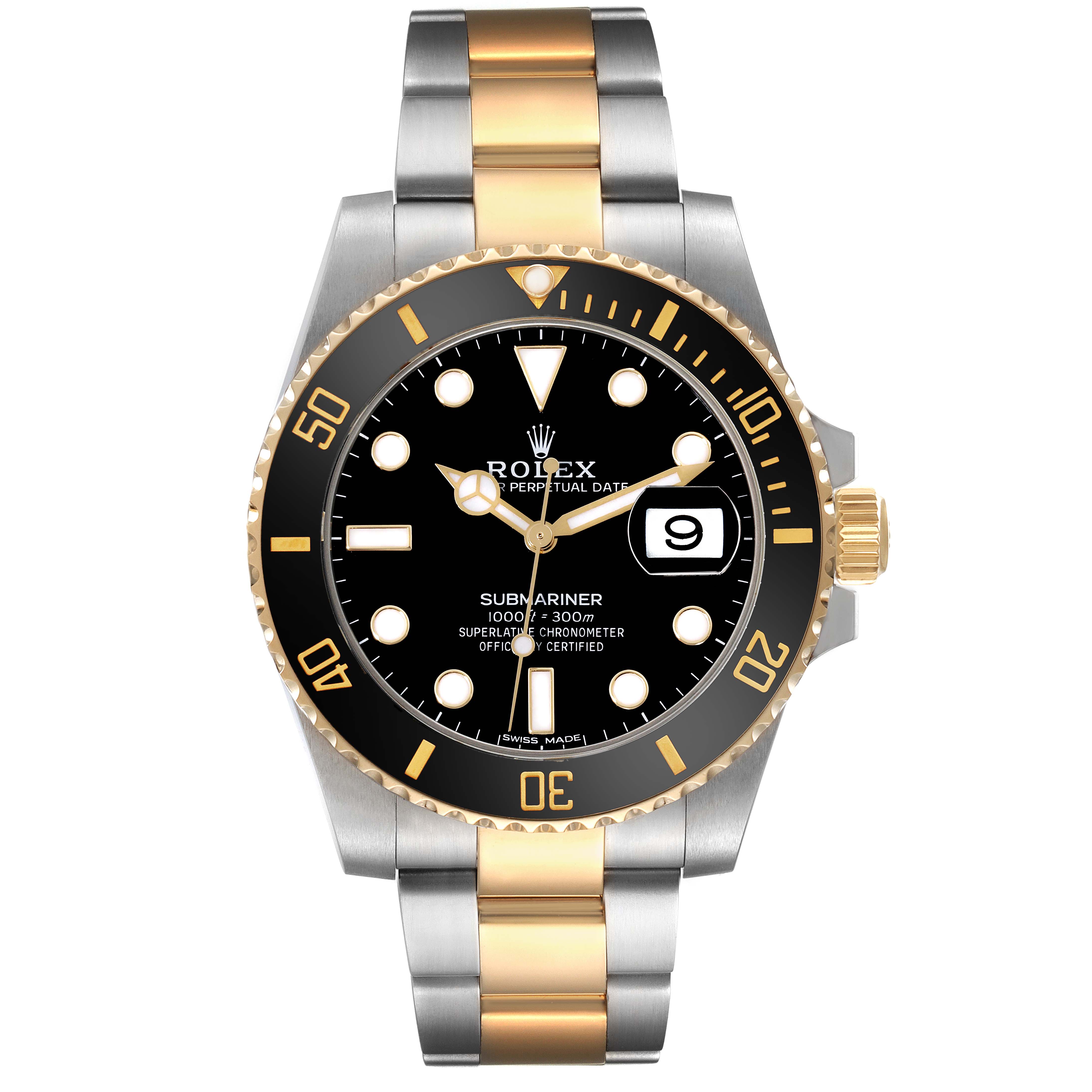 This image shows a front view of the Rolex Submariner 116613 Men's Steel and Gold (two tone) Black Dial 116613 Men's Steel and Gold (two tone) Black Dial watch, featuring a black dial, gold and stainless steel bracelet, and date function.