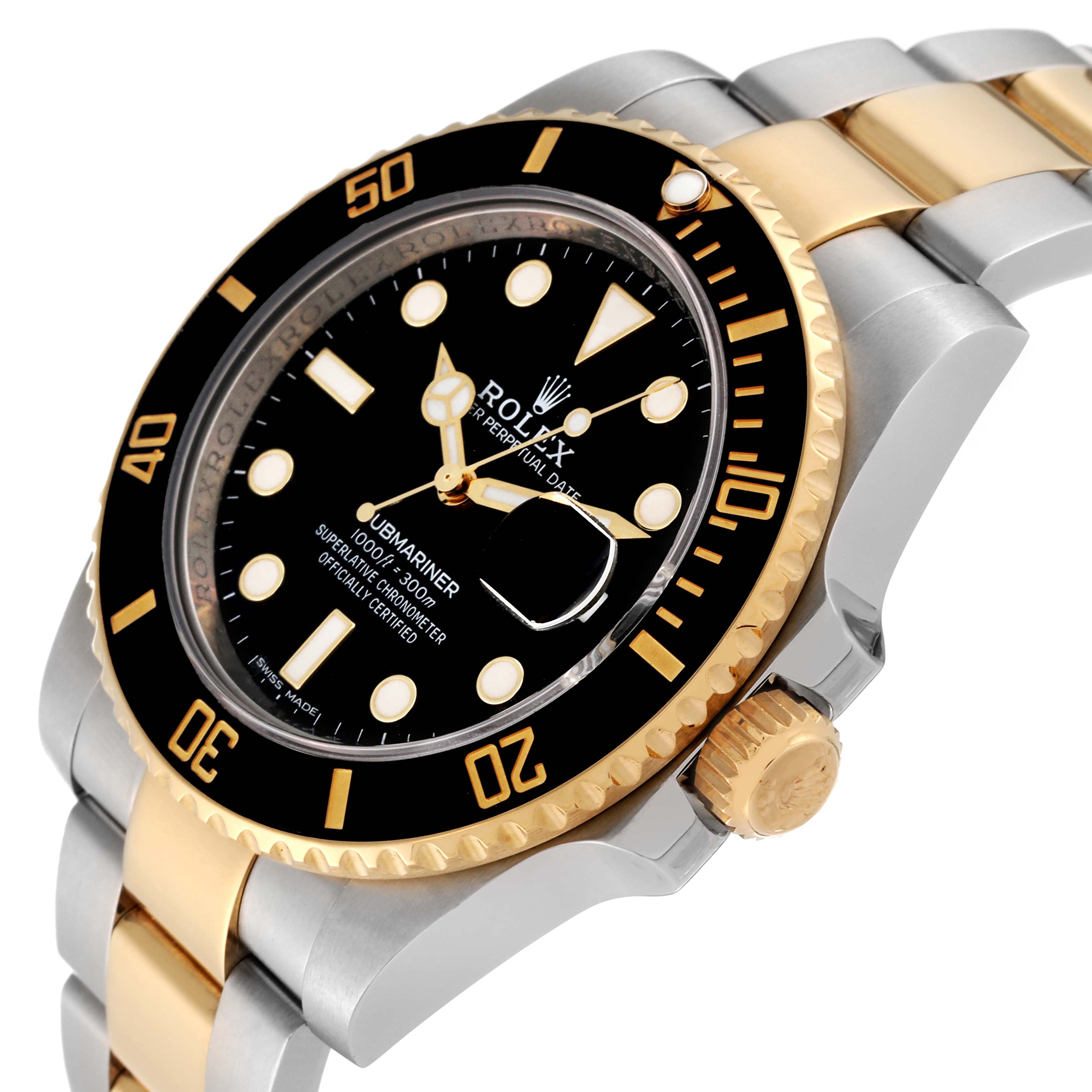 The Rolex Submariner 116613 Men's Steel and Gold (two tone) Black Dial 116613 Men's Steel and Gold (two tone) Black Dial watch is shown at an angled close-up, highlighting the bezel, crown, dial, and part of the bracelet.
