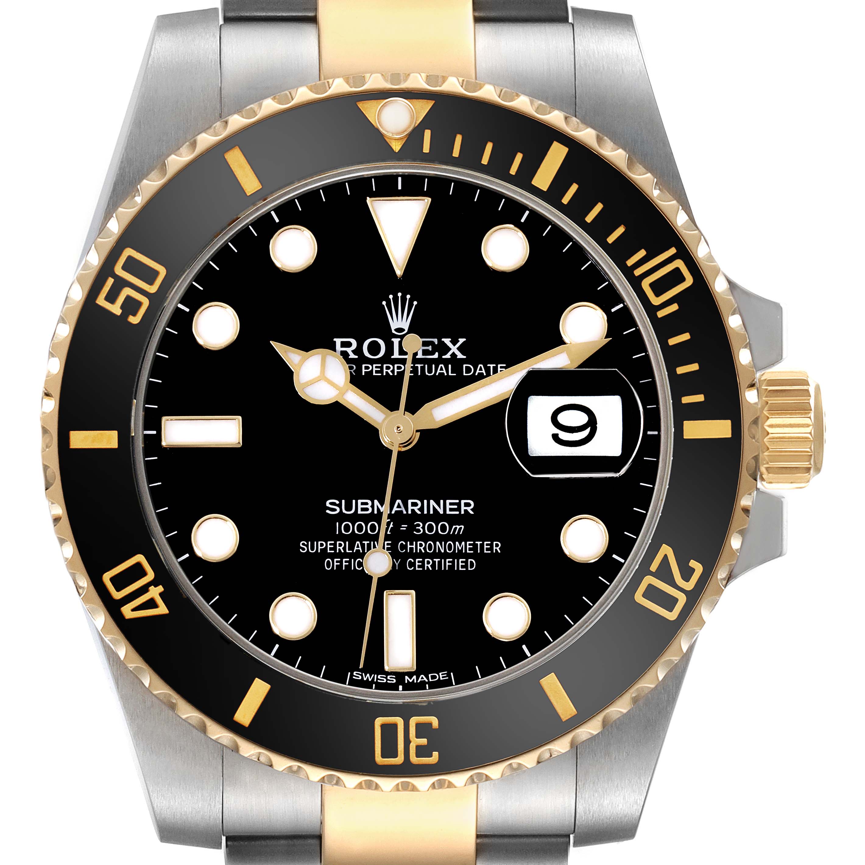 This is a front view of the Rolex Submariner 116613 Men's Steel and Gold (two tone) Black Dial 116613 Men's Steel and Gold (two tone) Black Dial watch, showing the bezel, dial, hands, and part of the bracelet.