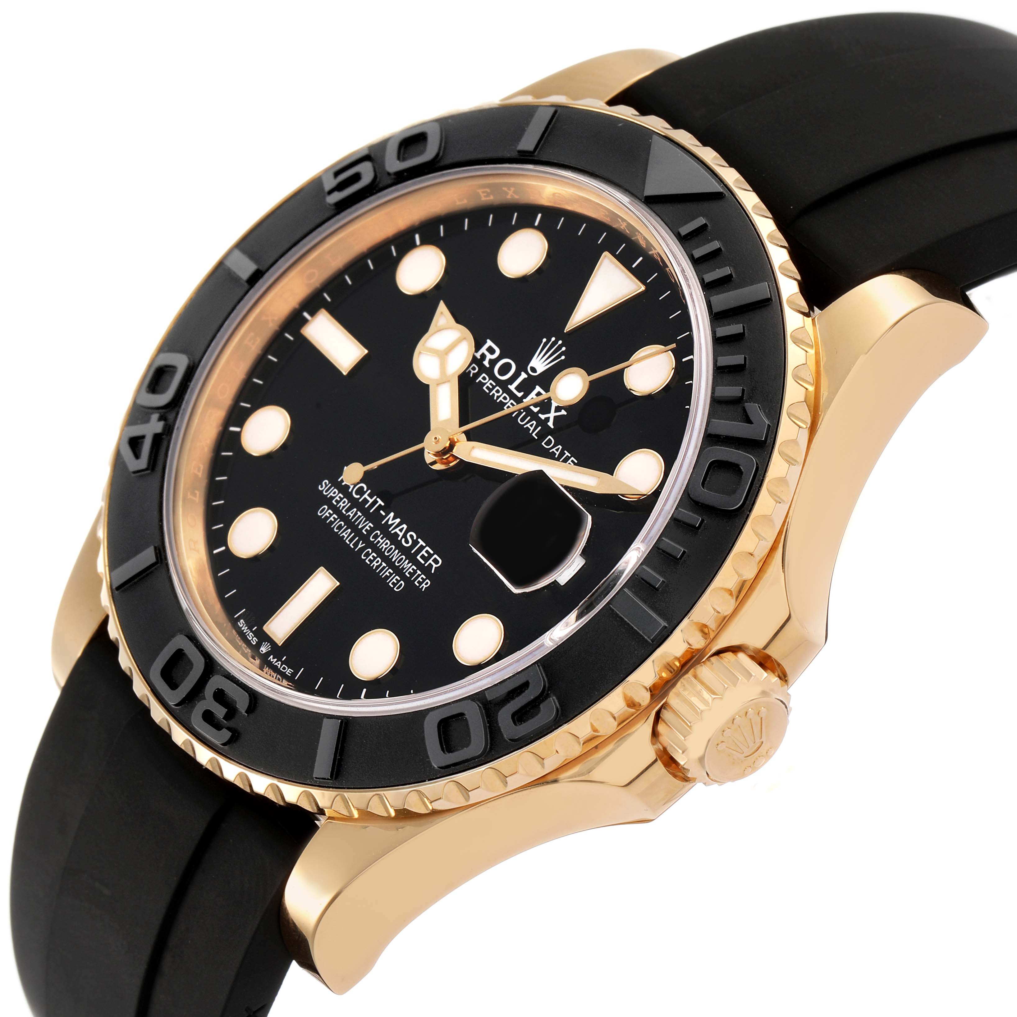 The Rolex Yacht-Master 226658 Men's Yellow Gold Black Dial watch is shown at a slight angle, highlighting the bezel, dial, crown, and strap.