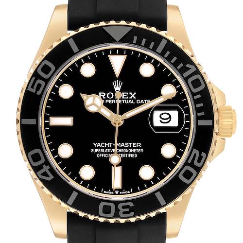 The Rolex Yacht-Master 226658 Men's Yellow Gold Black Dial watch is shown from a front angle, highlighting the black dial, bezel, and date feature.