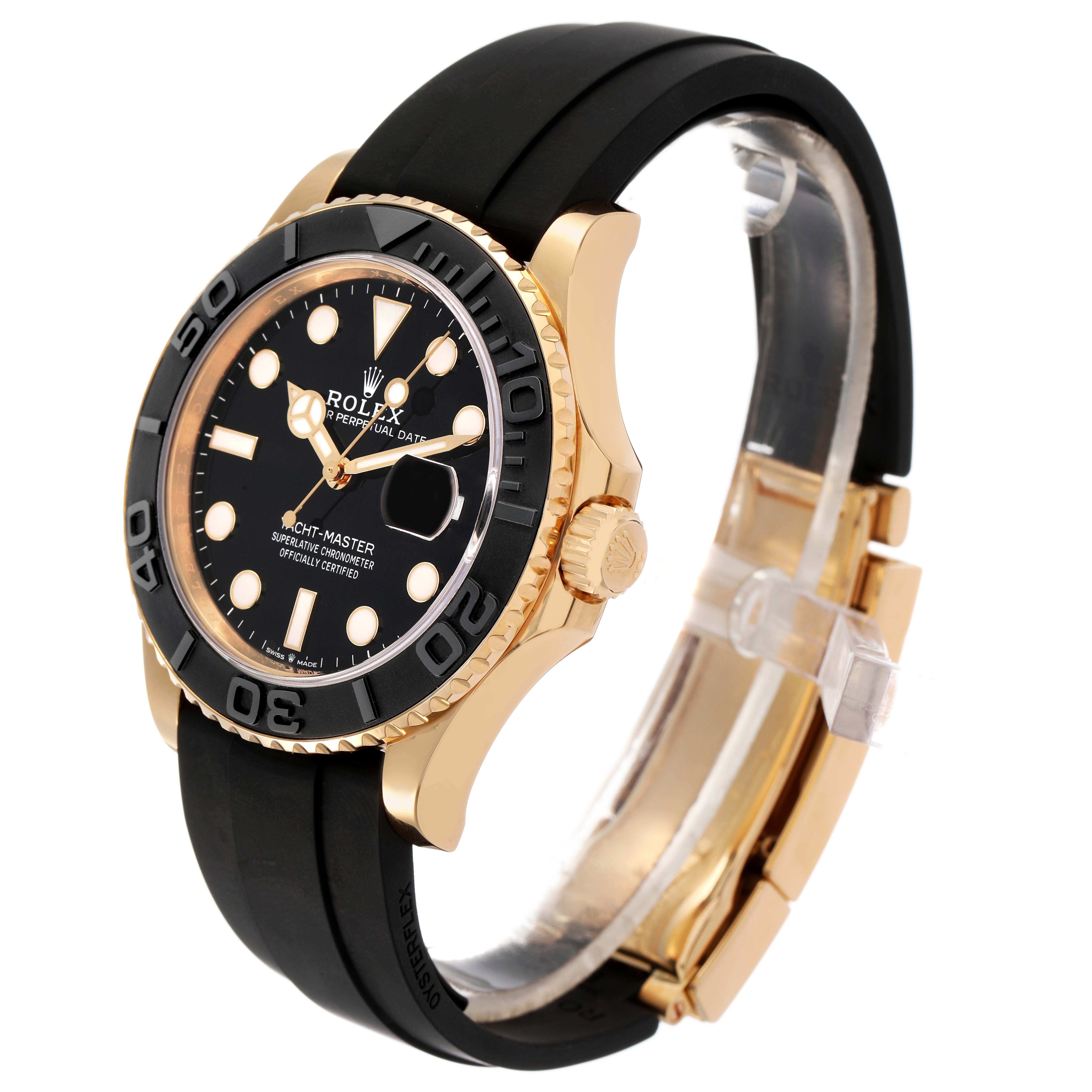 The Rolex Yacht-Master 226658 Men's Yellow Gold Black Dial is shown at an angled side view, highlighting the bezel, crown, and black strap.