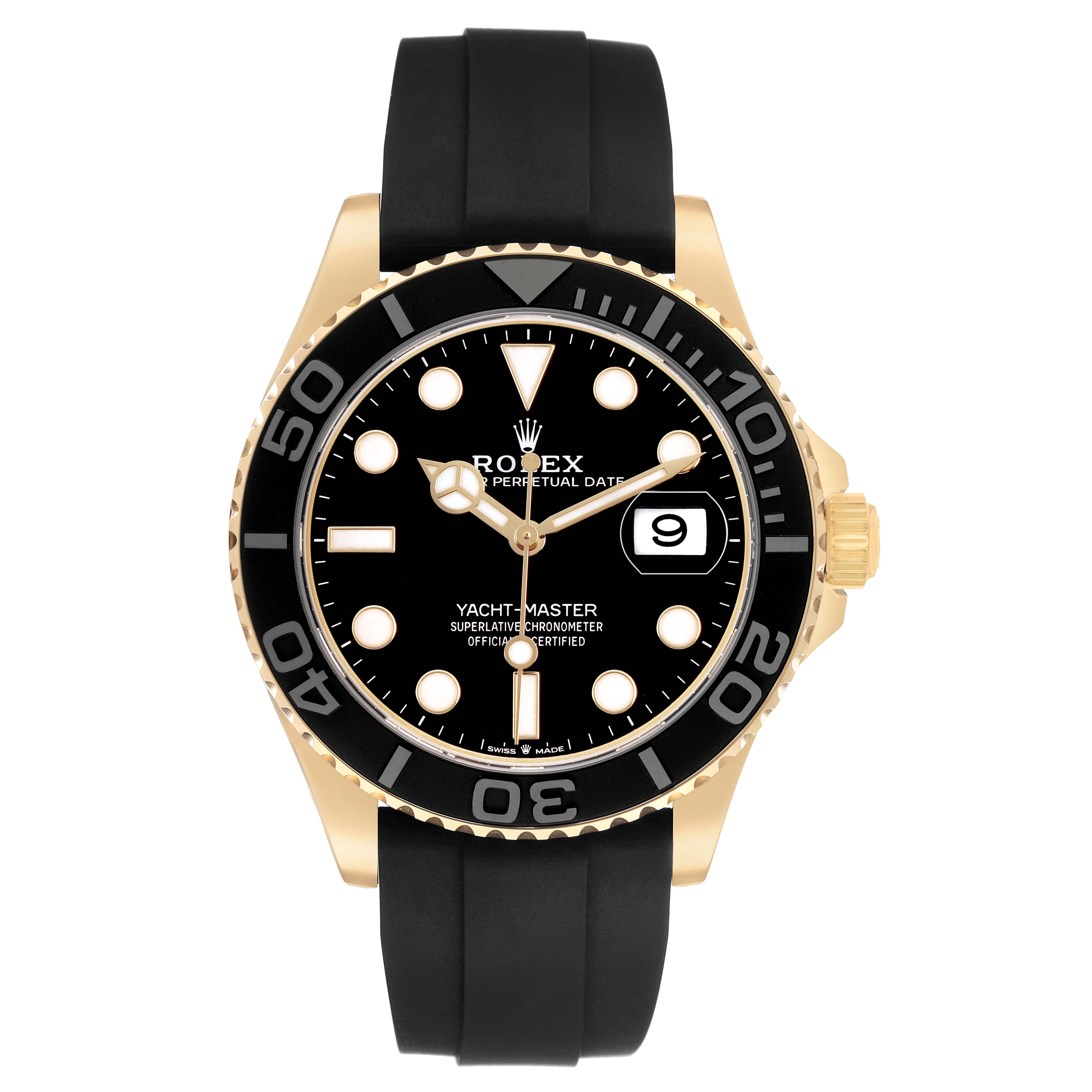 The Rolex Yacht-Master 226658 Men's Yellow Gold Black Dial watch is shown from a frontal angle, highlighting the black dial, bezel, and rubber strap.