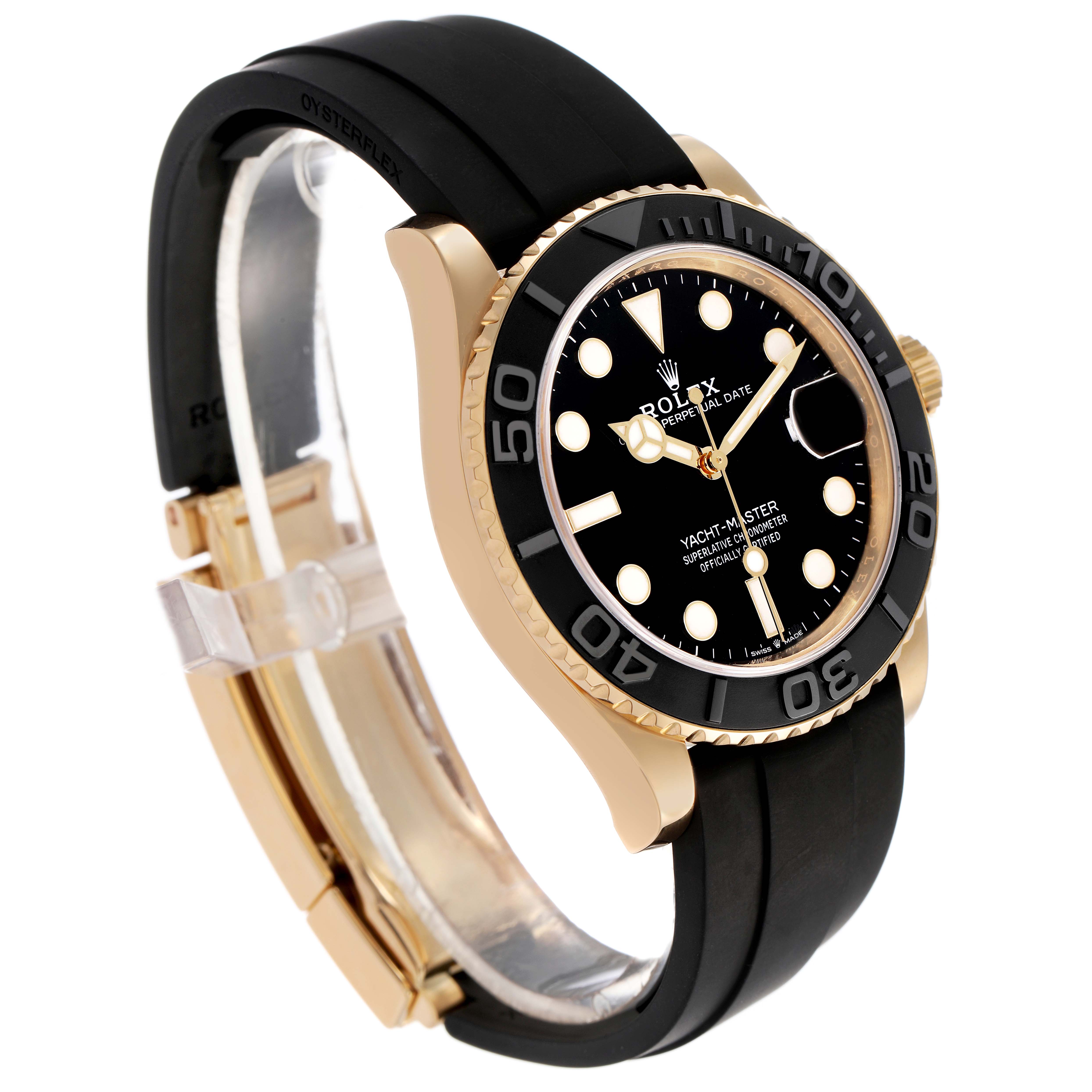 The image shows a side view of the Rolex Yacht-Master 226658 Men's Yellow Gold Black Dial watch, highlighting the bezel, dial, and black strap.