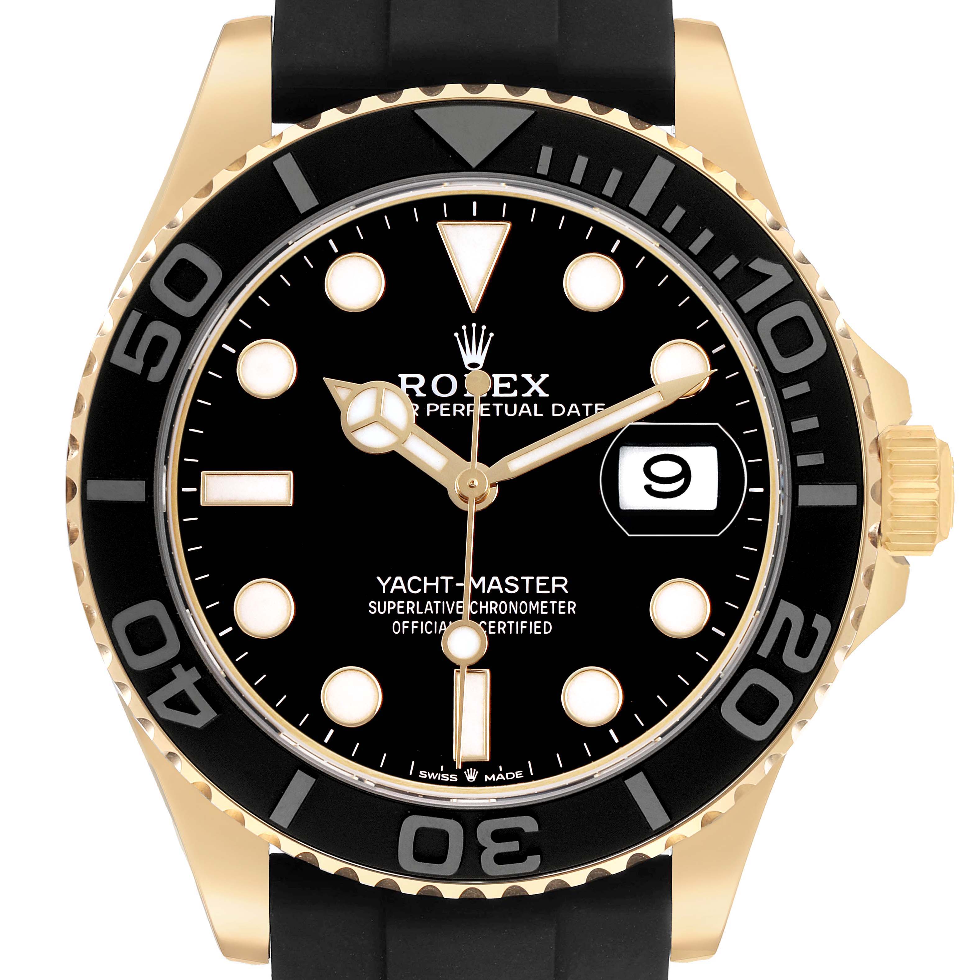 This image shows a front view of the Rolex Yacht-Master 226658 Men's Yellow Gold Black Dial watch, highlighting its black dial, gold case, and the date window.