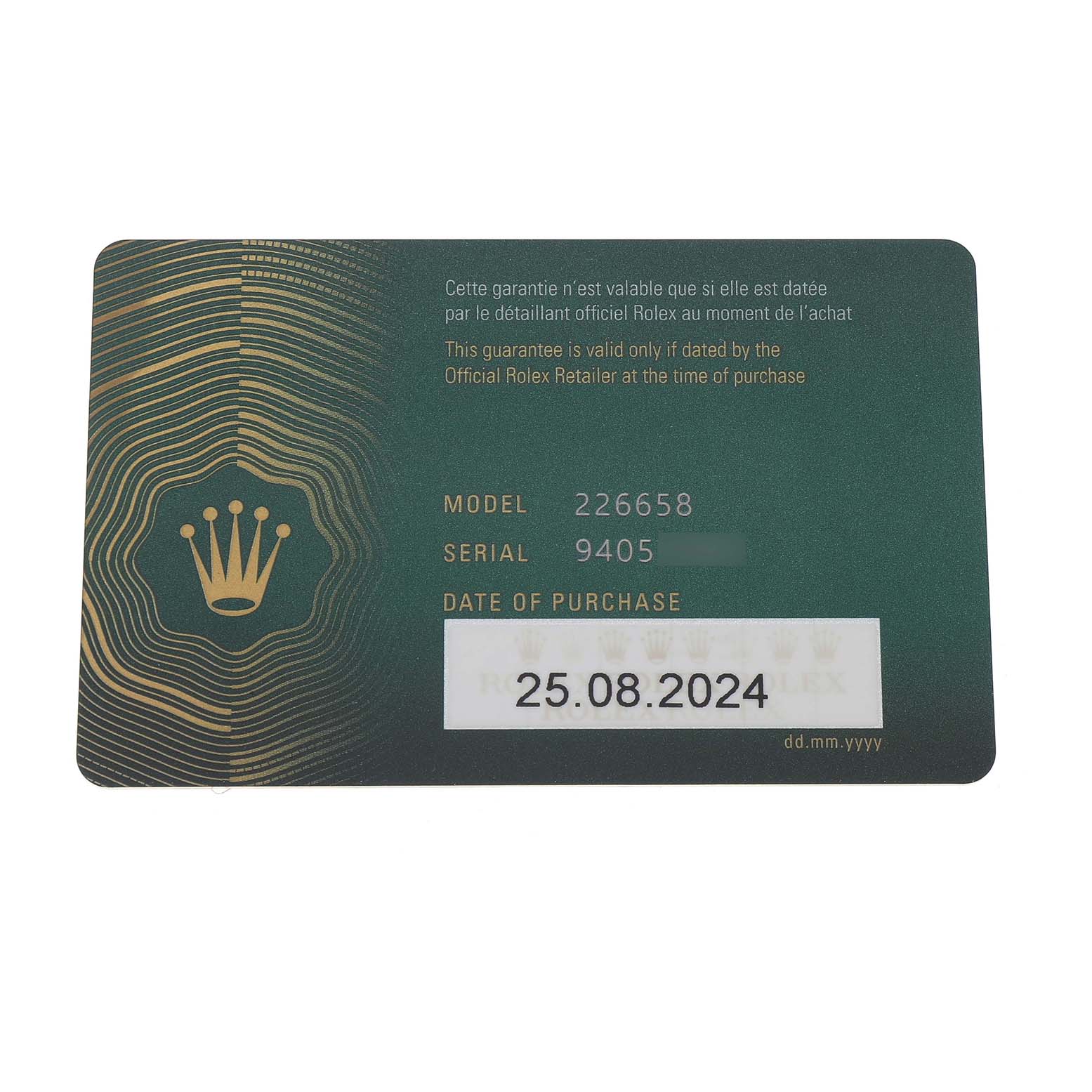 The image shows a warranty card for the Rolex Yacht-Master 226658 Men's Yellow Gold Black Dial, featuring model and serial numbers, and a purchase date.