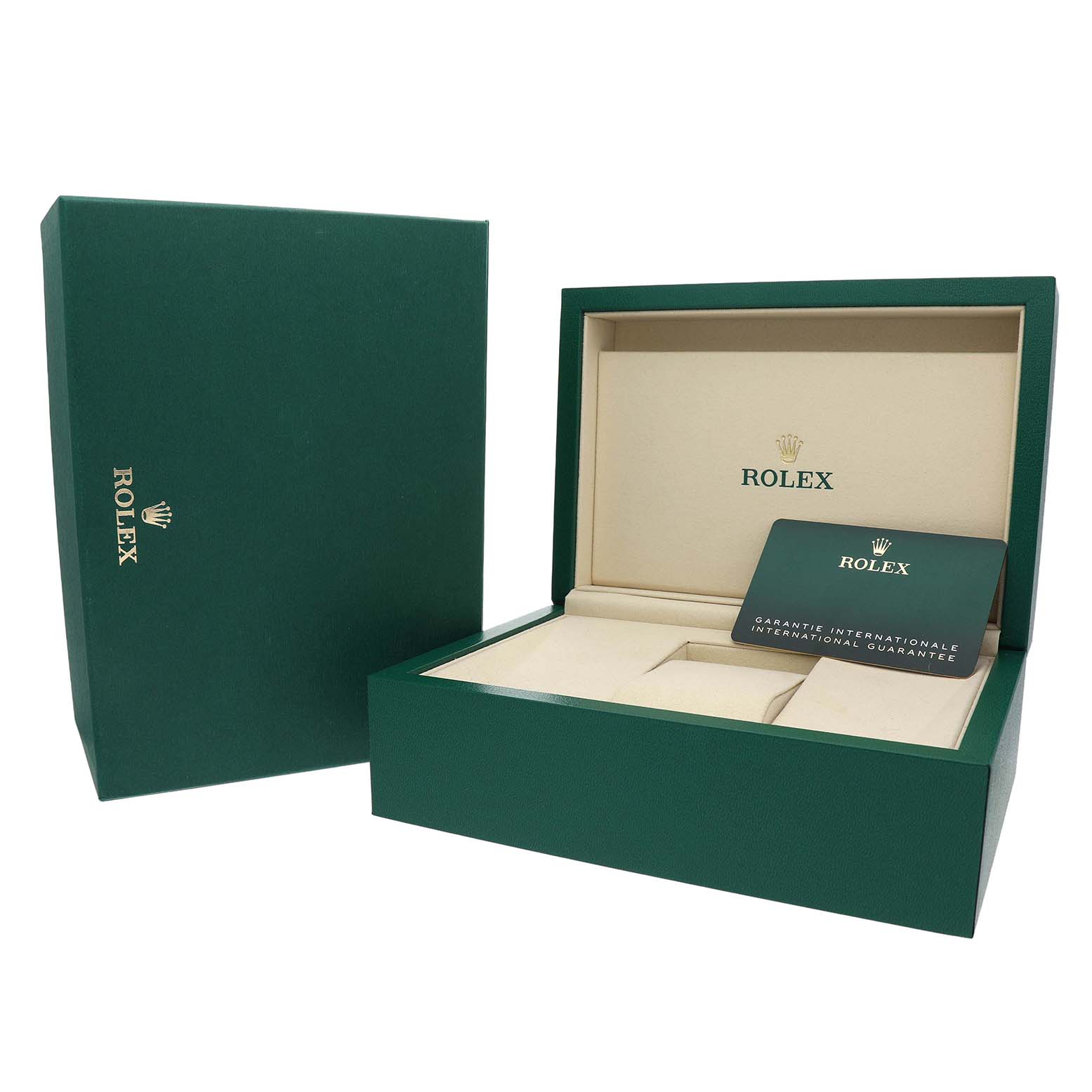 The image shows a green Rolex Yacht-Master 226658 Men's Yellow Gold Black Dial watch box open, displaying an international guarantee card inside.