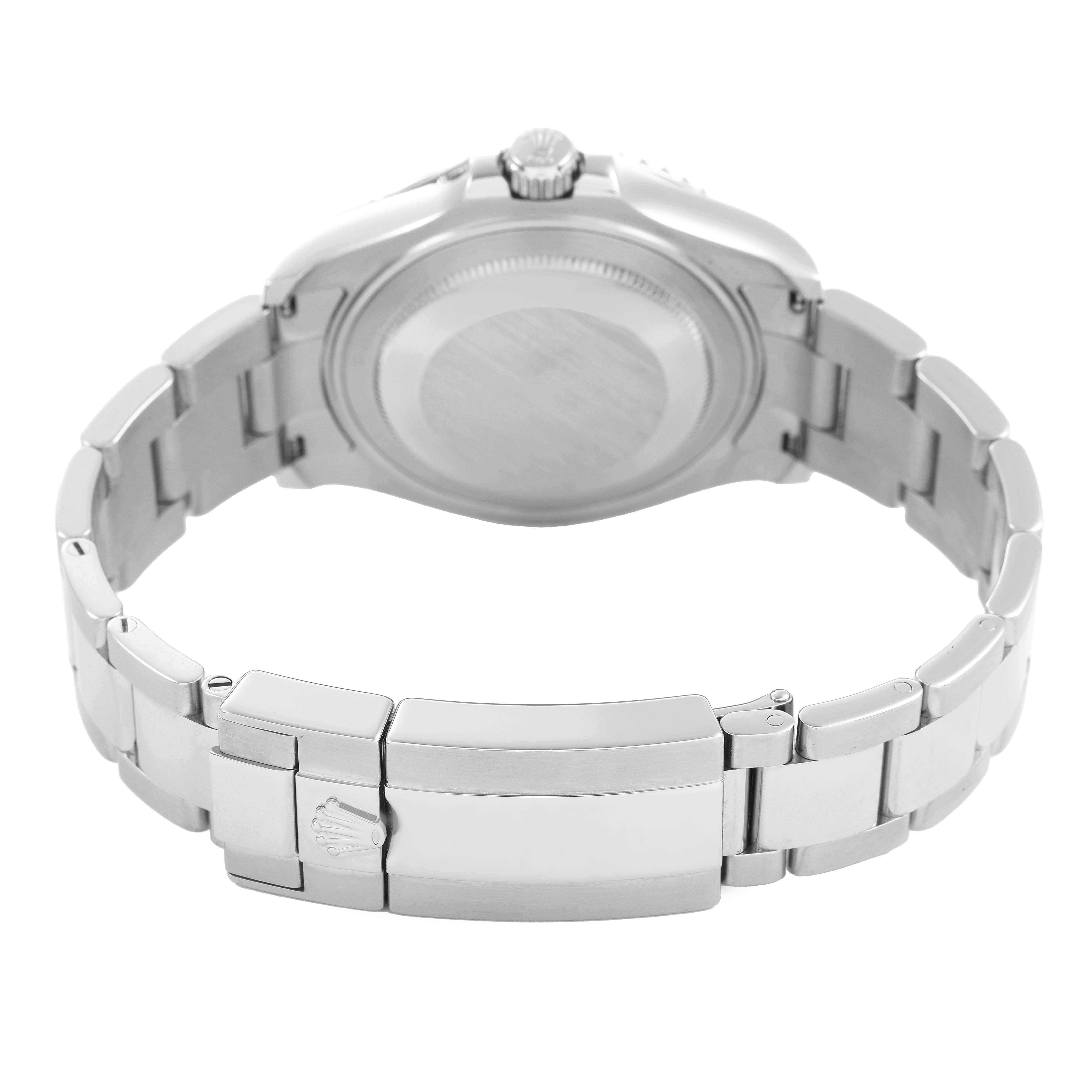 The image shows the back and clasp of a Rolex Yacht-Master 268622 Men's Stainless Steel Silver Dial watch with its metal bracelet unfolded.