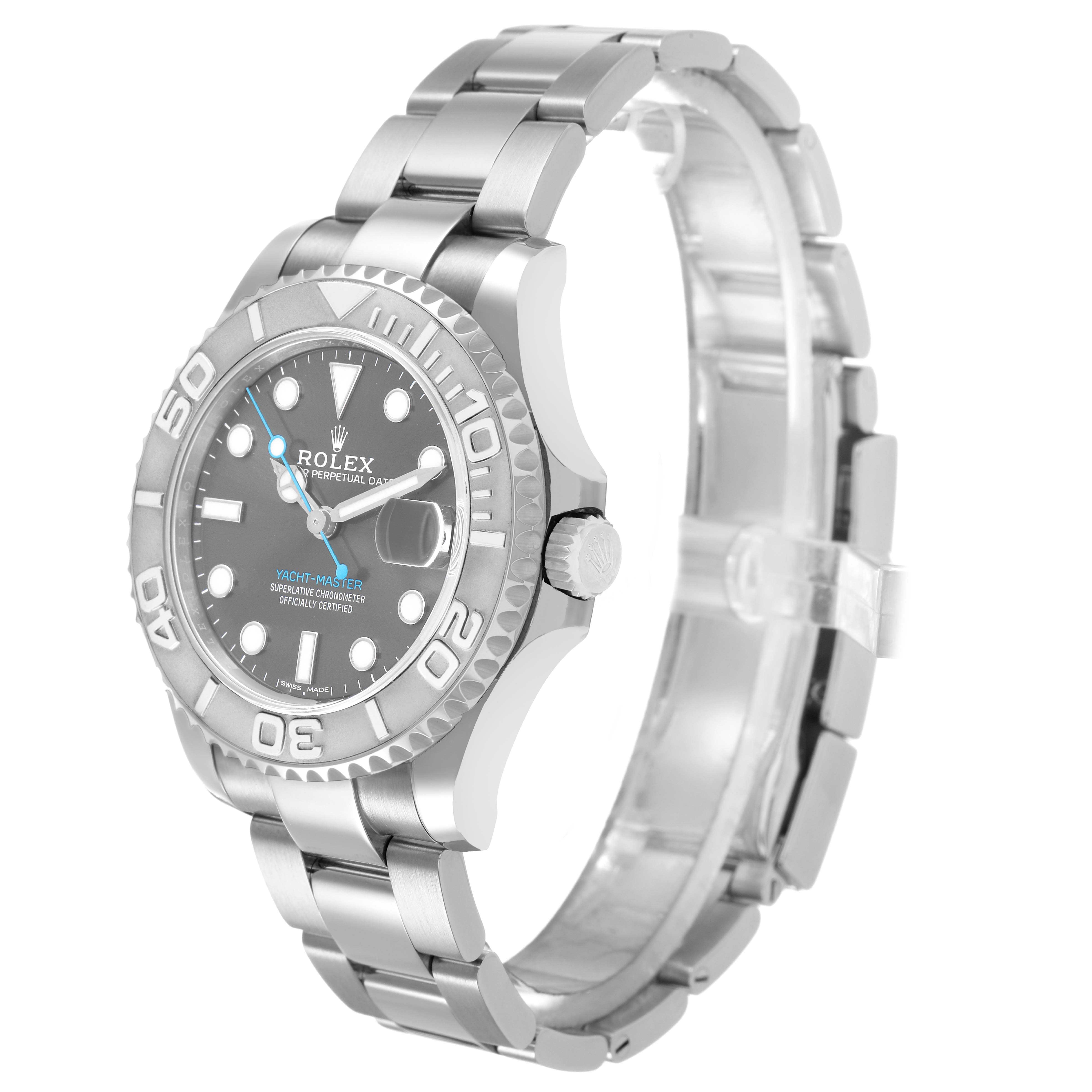 The Rolex Yacht-Master 268622 Men's Stainless Steel Silver Dial watch is shown at a three-quarter angle, highlighting the dial, bezel, and bracelet.