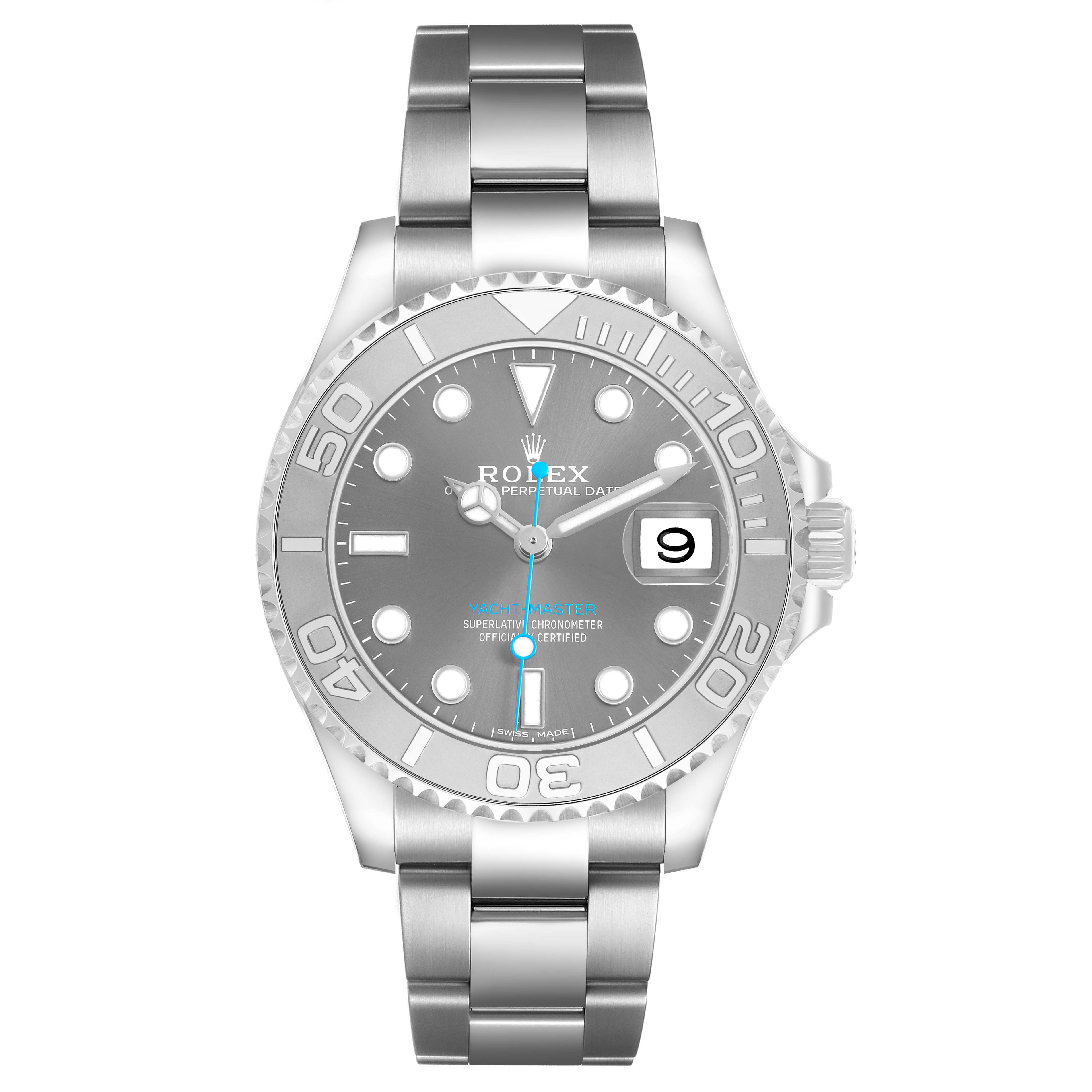 The watch is a Rolex Yacht-Master 268622 Men's Stainless Steel Silver Dial, shown from the front, displaying its dial, bezel, bracelet, and date window.