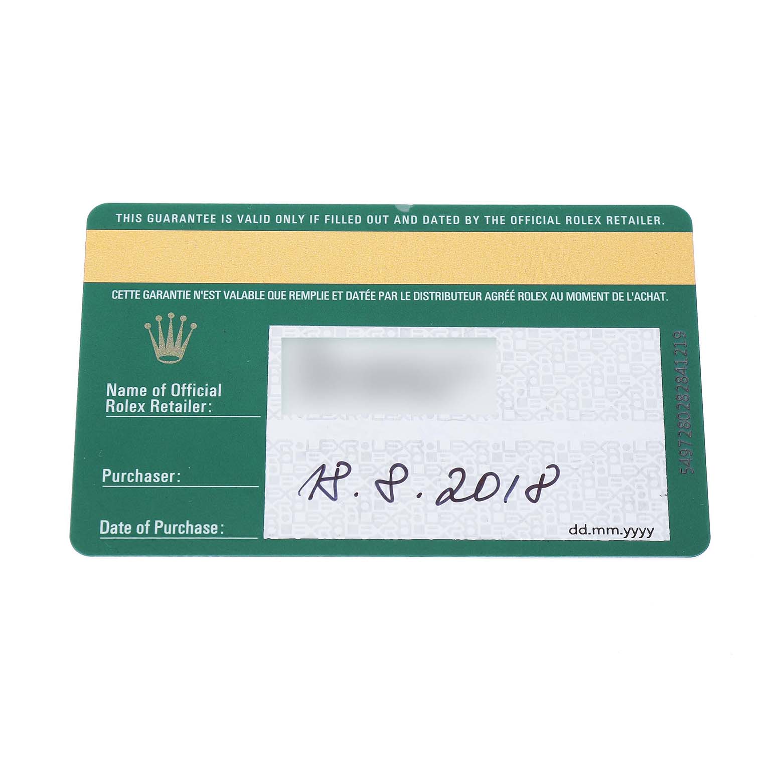 The image shows a warranty card for a Rolex Yacht-Master 268622 Men's Stainless Steel Silver Dial watch, detailing purchase information.