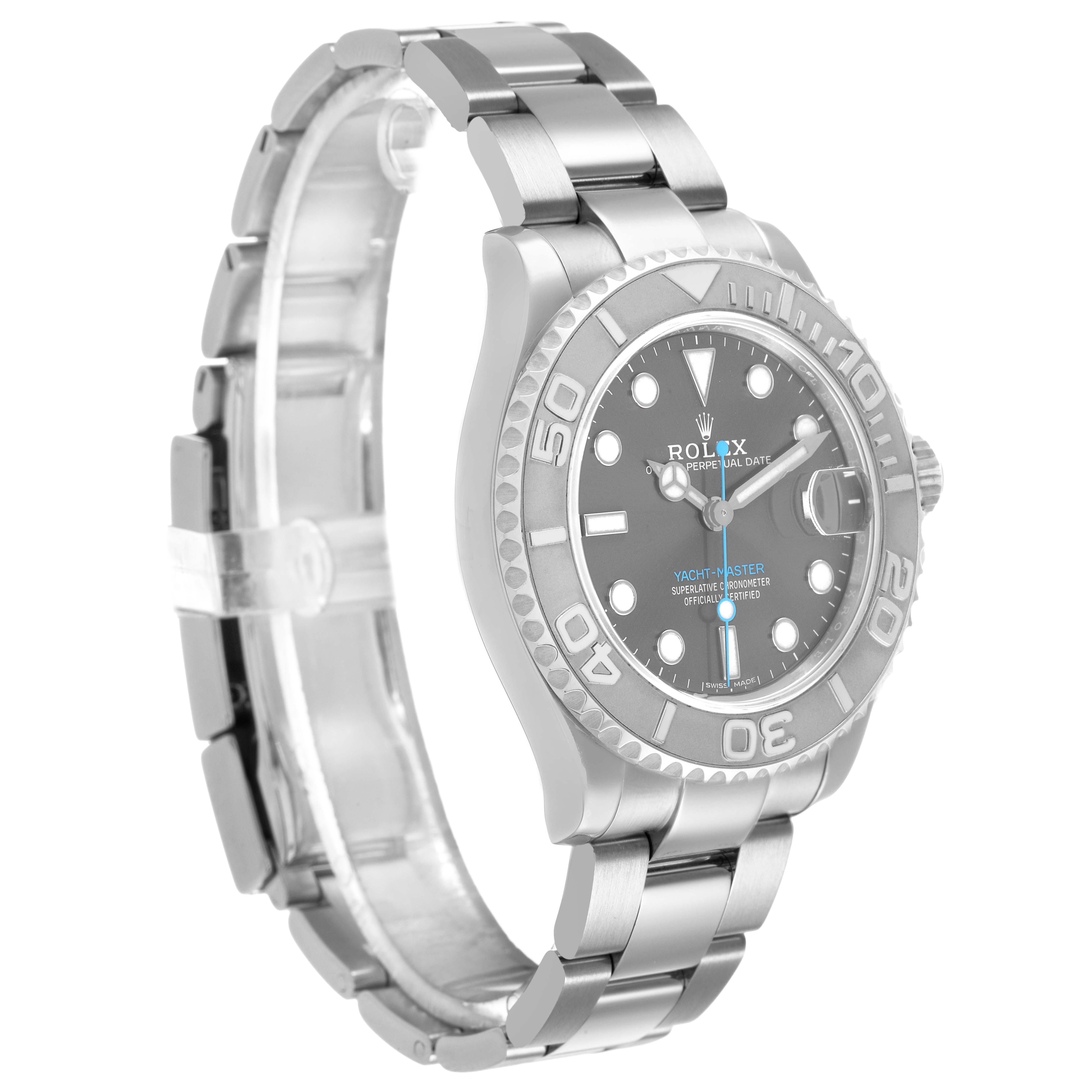 The Rolex Yacht-Master 268622 Men's Stainless Steel Silver Dial watch is shown at a three-quarter angle, highlighting the face, bezel, and stainless steel bracelet.