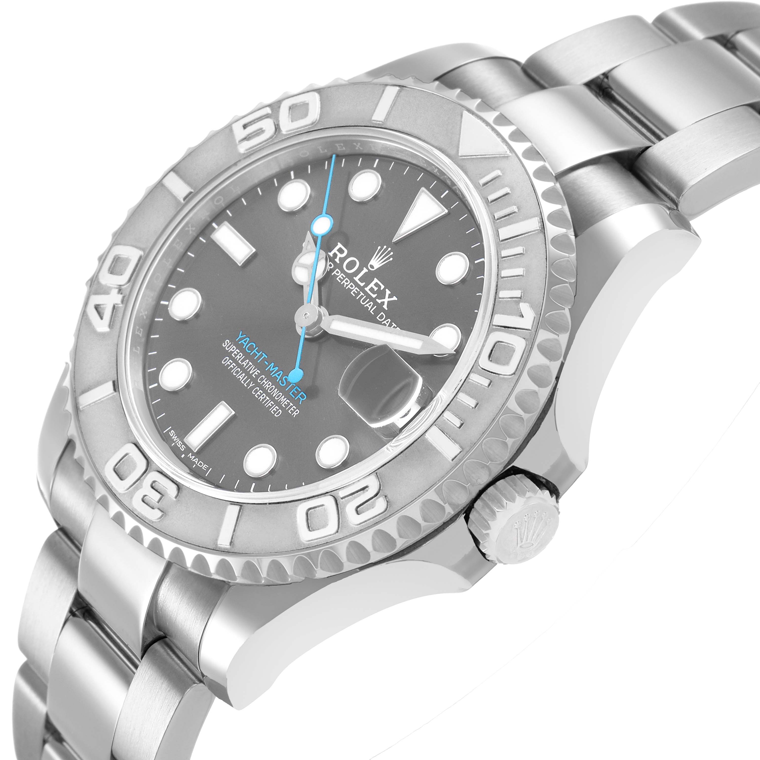 The Rolex Yacht-Master 268622 Men's Stainless Steel Silver Dial watch is shown from a side angle, highlighting the bezel, dial, crown, and bracelet.