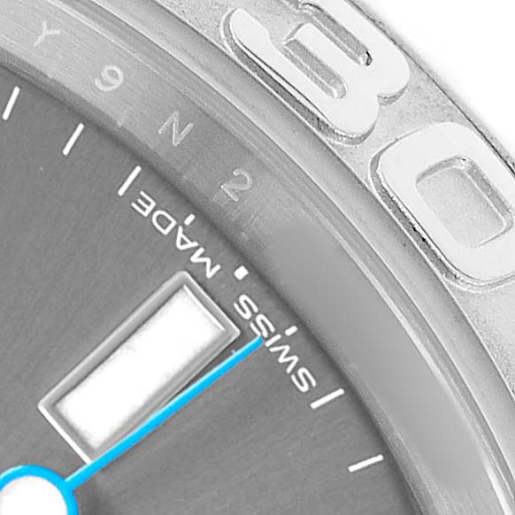 The image shows a close-up of the bezel and dial of a Rolex Yacht-Master 268622 Men's Stainless Steel Silver Dial, highlighting the 30-minute mark and the "Swiss Made" text.