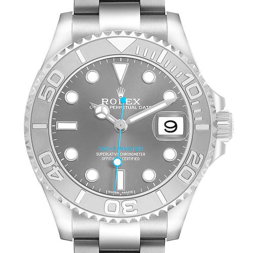 The Rolex Yacht-Master 268622 Men's Stainless Steel Silver Dial watch is shown from the front, featuring its dial, bezel, and bracelet.