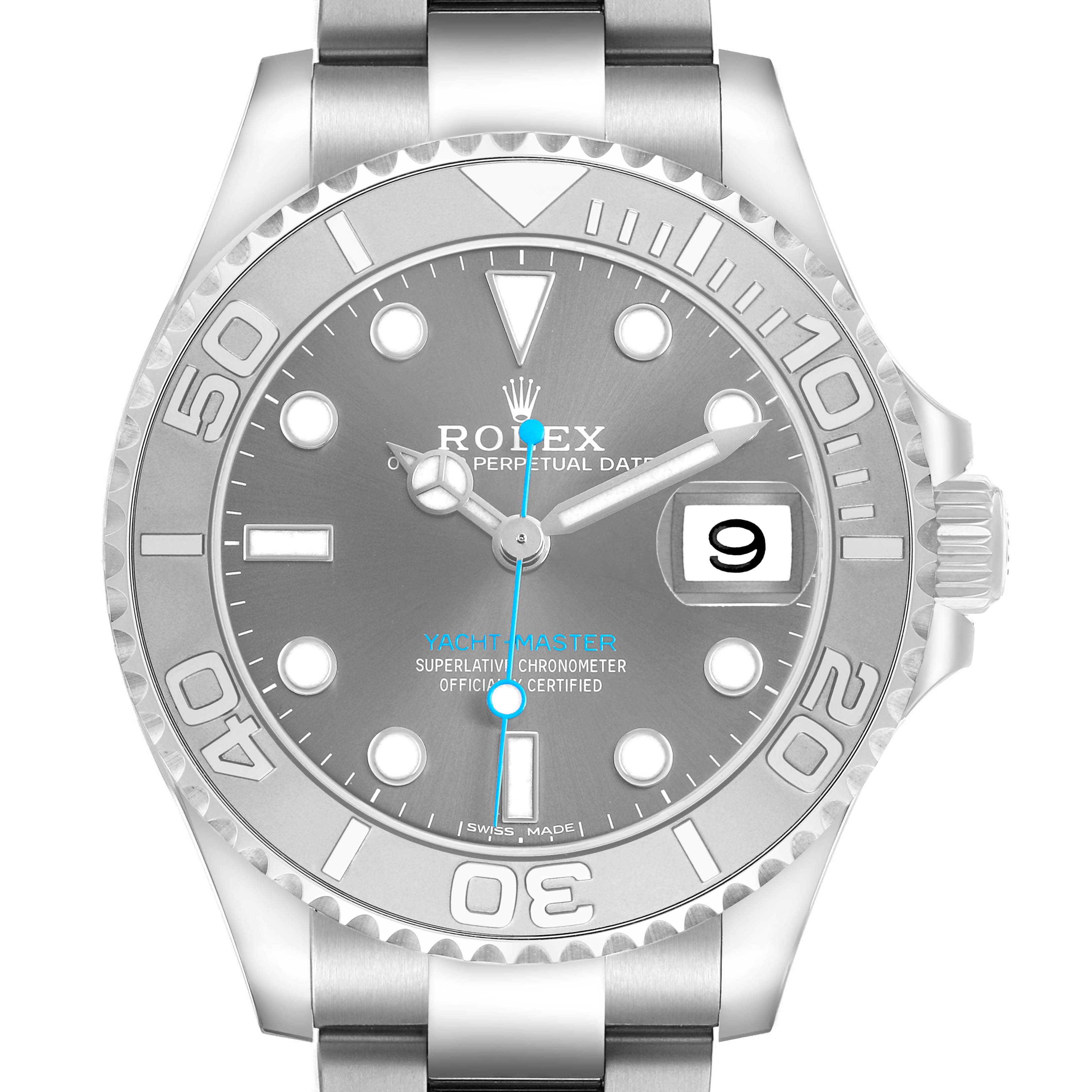 The Rolex Yacht-Master 268622 Men's Stainless Steel Silver Dial watch is shown from the front, displaying the face, bezel, and part of the bracelet.