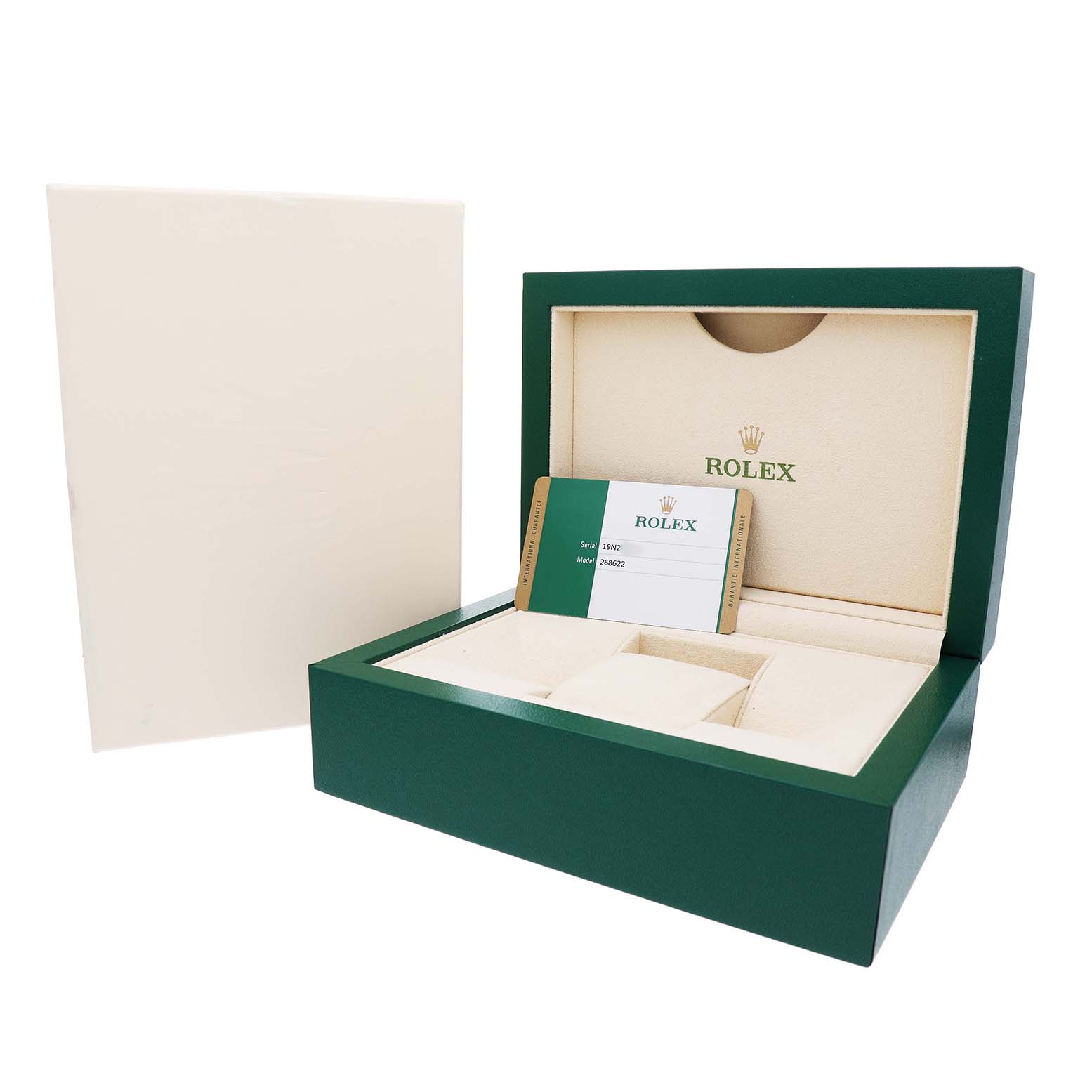 The image shows a Rolex Yacht-Master 268622 Men's Stainless Steel Silver Dial watch box at an angle, displaying its open interior and accompanying authenticity card.