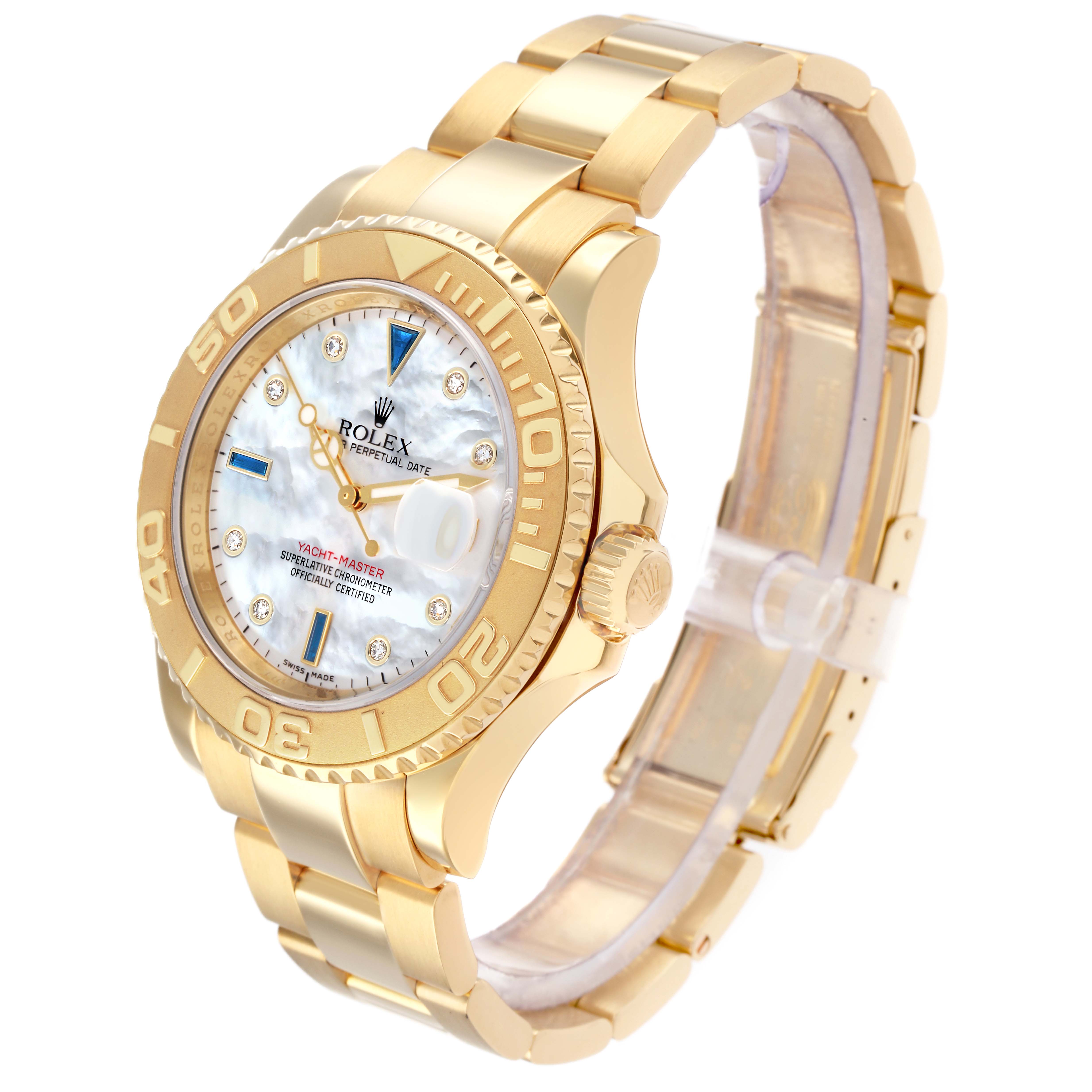 The Rolex Yacht-Master 16628B Men
s Yellow Gold Mother of Pearl Dial watch is shown at a three-quarter angle, highlighting the bracelet, bezel, and face.