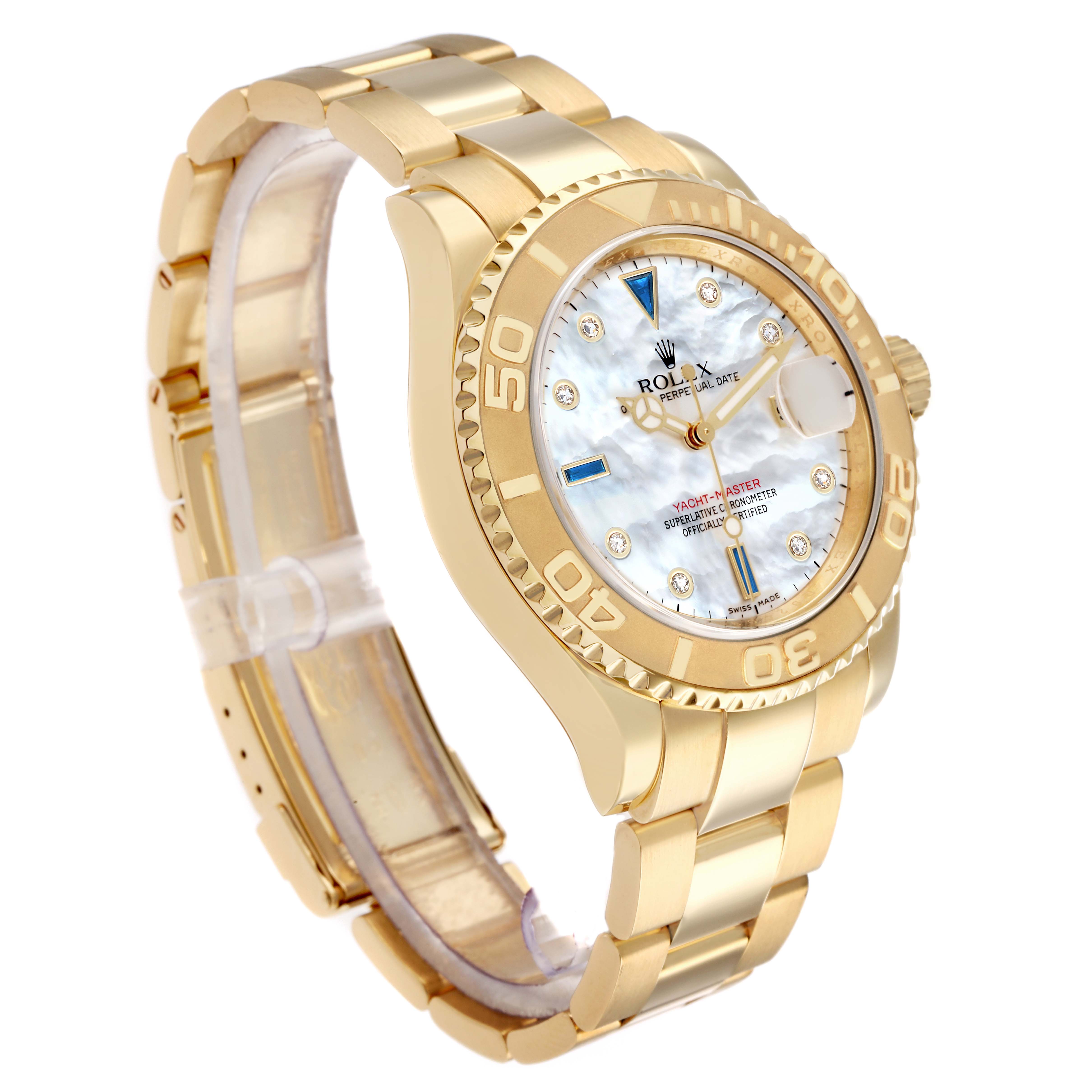 The Rolex Yacht-Master 16628B Men
s Yellow Gold Mother of Pearl Dial watch is shown at a three-quarter angle, highlighting its gold bracelet, bezel, and mother-of-pearl dial.