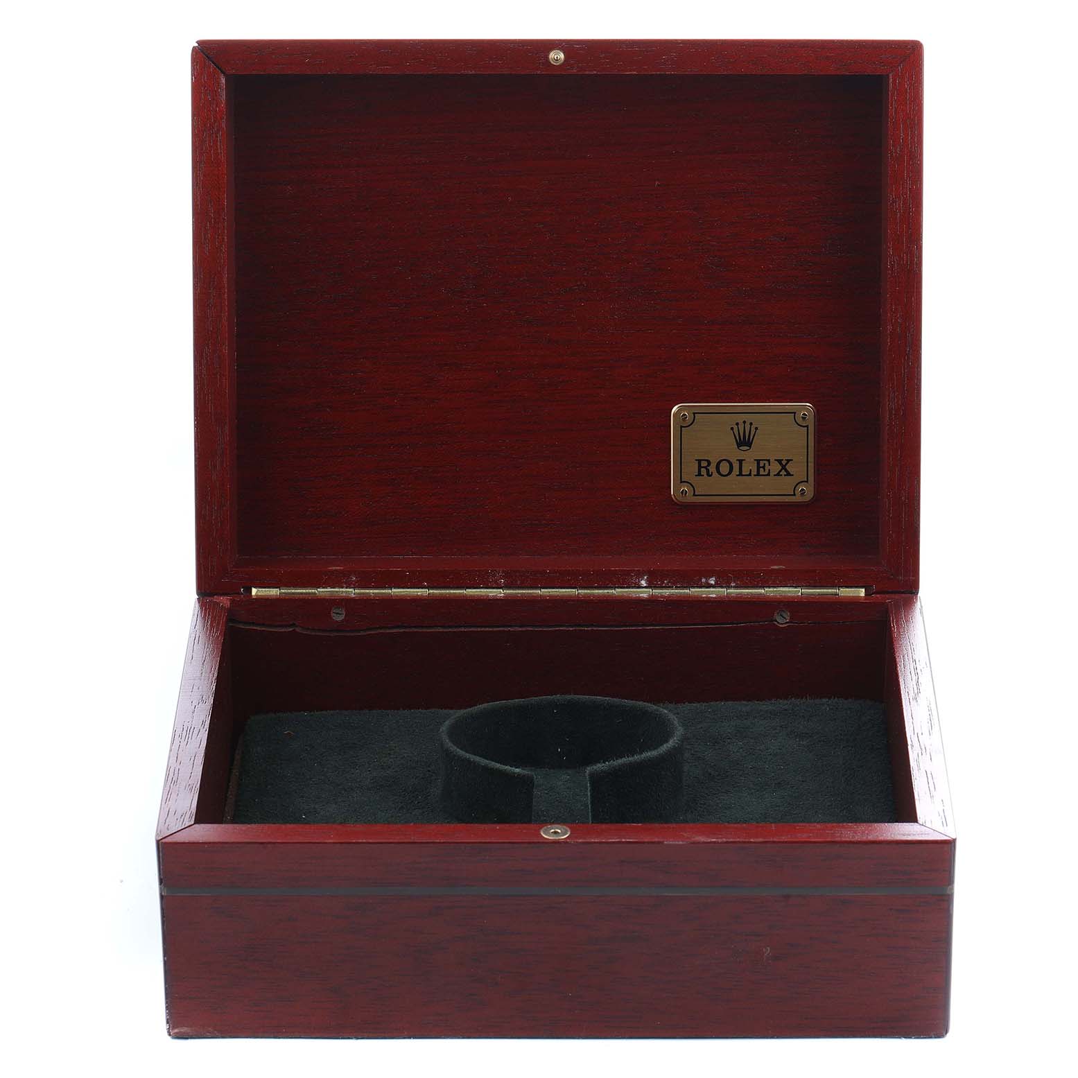 The image shows an open wooden box for a Rolex Yacht-Master 16628B Men
s Yellow Gold Mother of Pearl Dial watch, with the lid and interior visible.