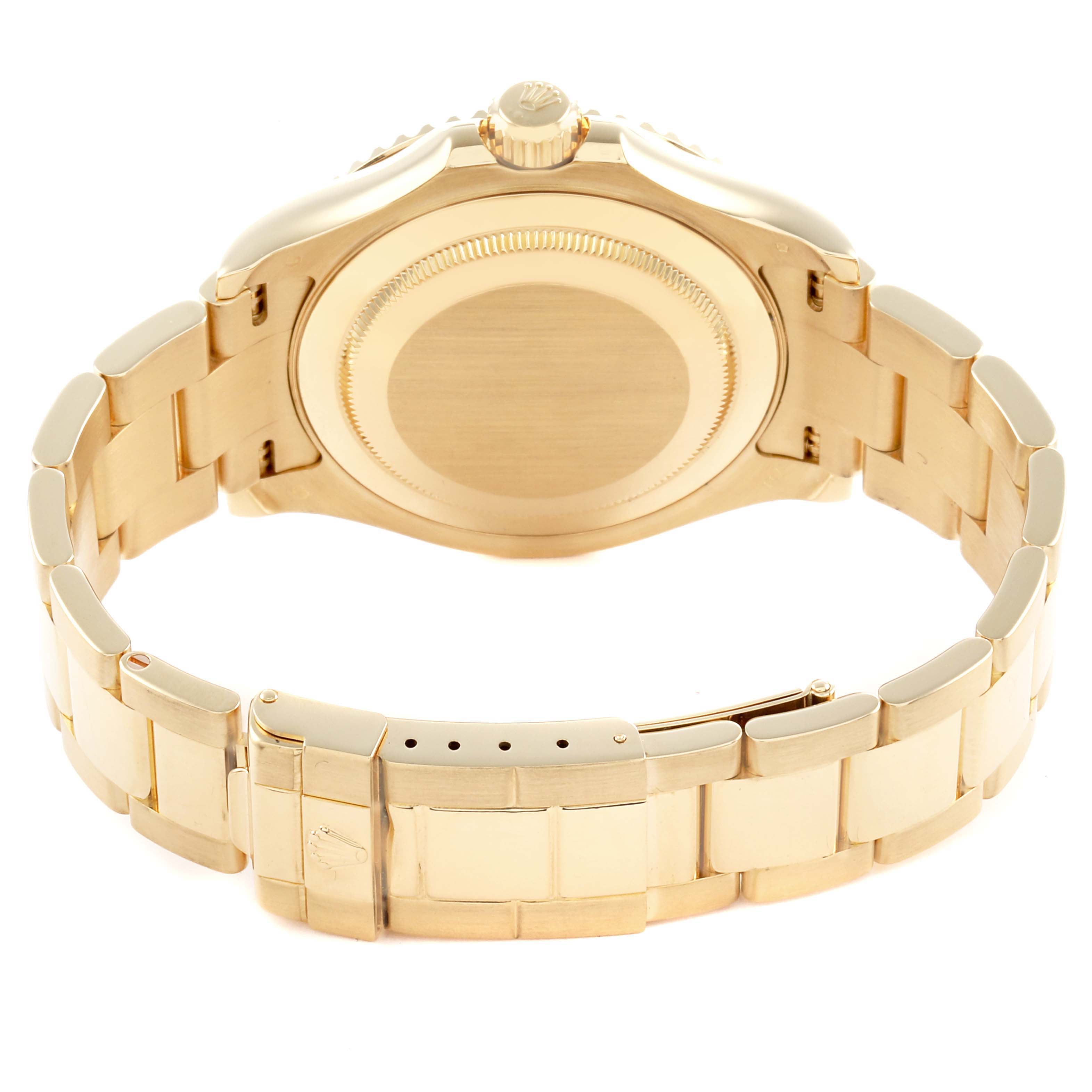 The image shows the back and bracelet of a Rolex Yacht-Master 16628B Men
s Yellow Gold Mother of Pearl Dial watch, viewed from a rear angle.