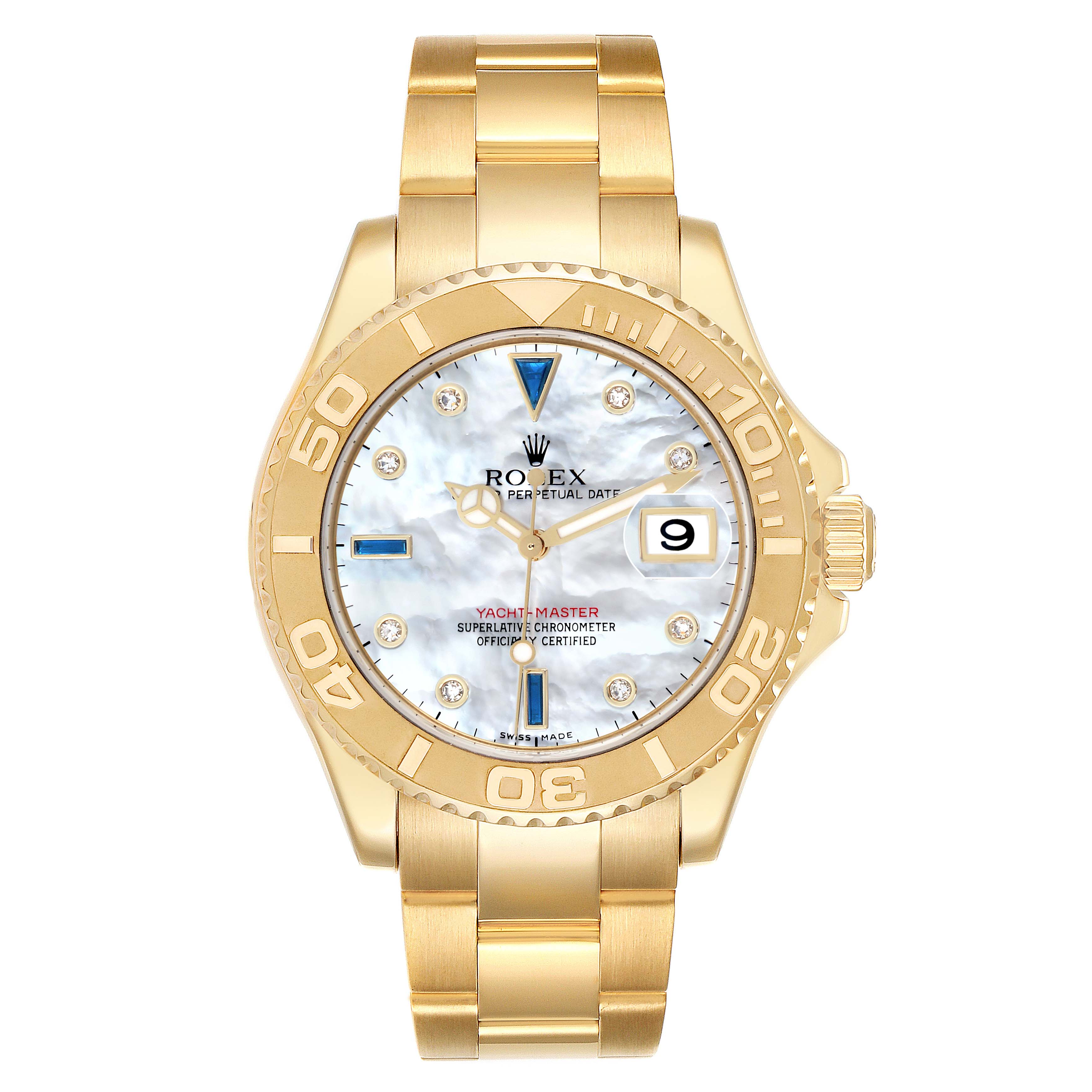 The Rolex Yacht-Master 16628B Men
s Yellow Gold Mother of Pearl Dial watch is shown from a front angle, displaying the face, bezel, bracelet, and crown.