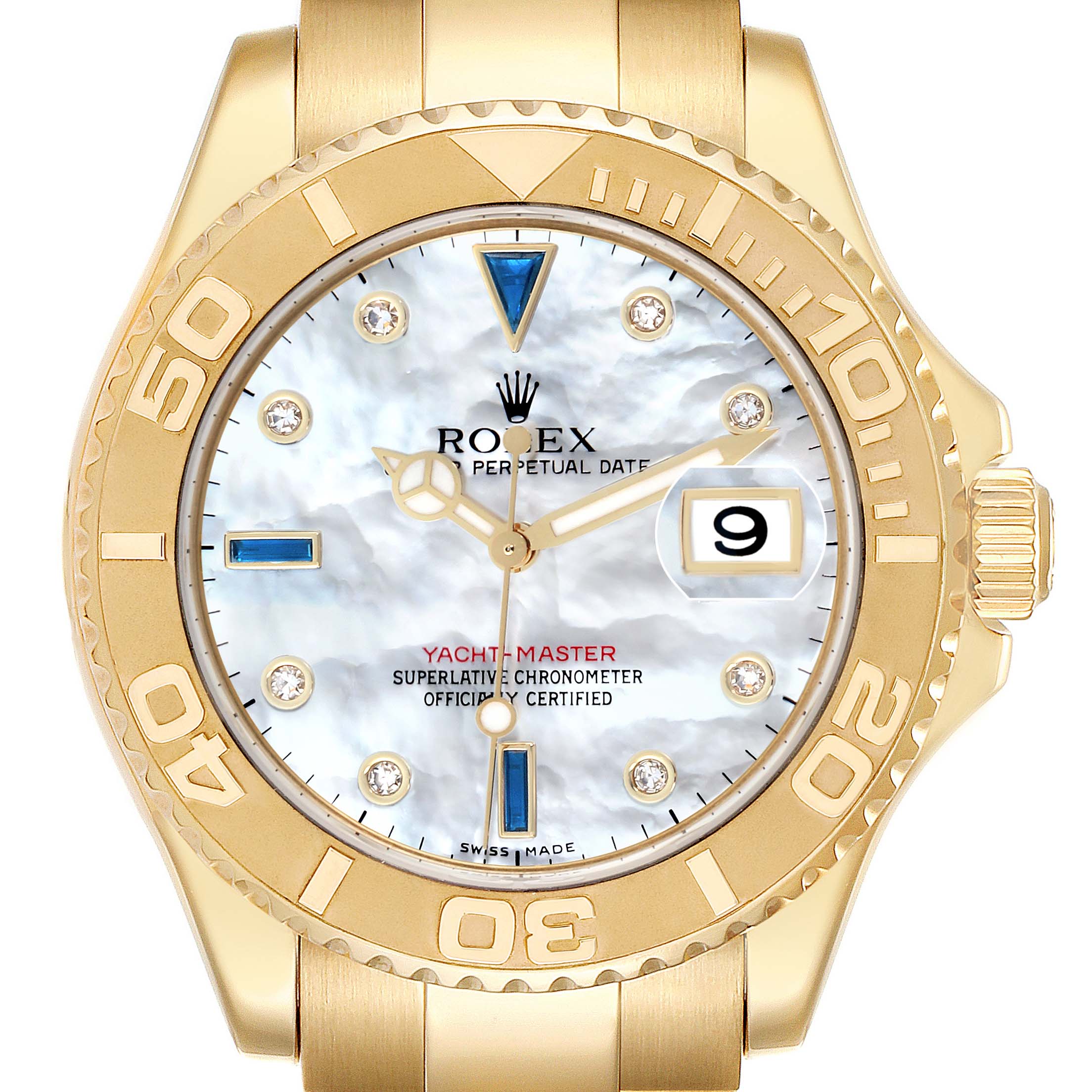 The Rolex Yacht-Master 16628B Men
s Yellow Gold Mother of Pearl Dial watch is shown from a frontal angle, featuring its gold bezel, dial, and date window.