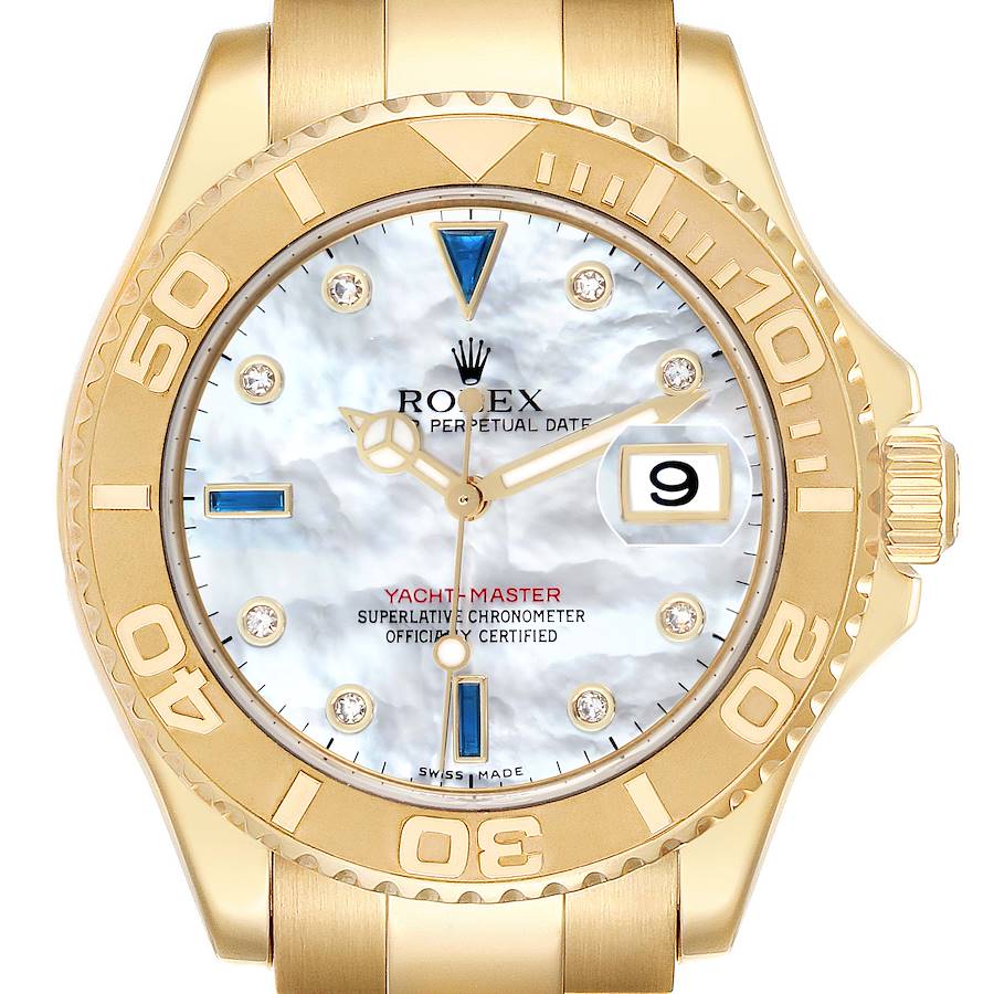 The Rolex Yacht-Master 16628B Men's Yellow Gold Mother of Pearl Dial watch is shown from a frontal angle, featuring its gold bezel, dial, and date window.