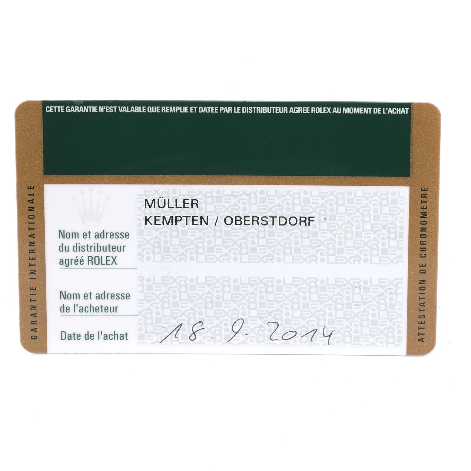 The image shows the warranty card for the Rolex Yacht-Master 116681 Men's Steel and Gold (two tone) White Dial 116681 Men's Steel and Gold (two tone) White Dial model.