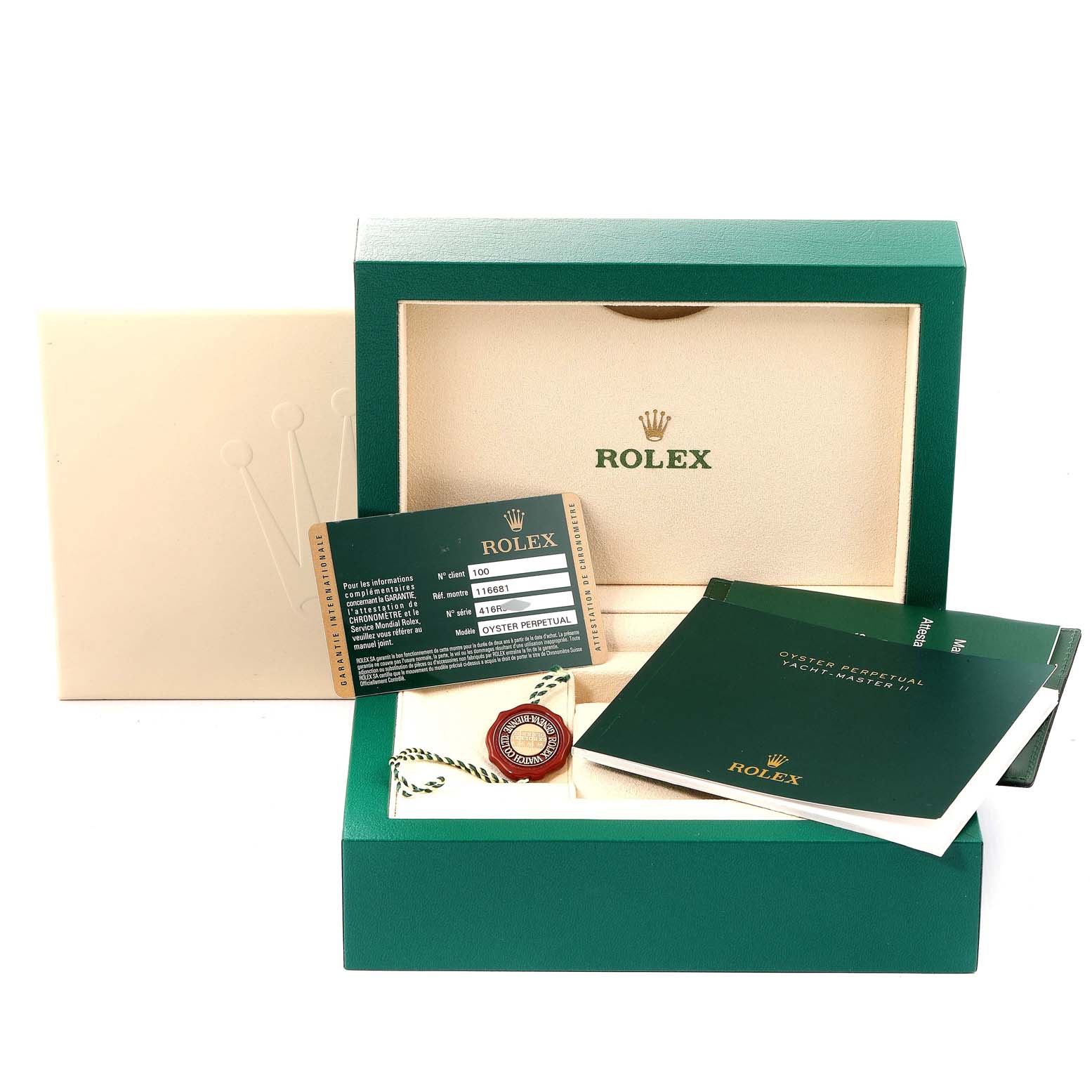 The image shows the packaging, warranty card, manual, and accessories for a Rolex Yacht-Master 116681 Men's Steel and Gold (two tone) White Dial 116681 Men's Steel and Gold (two tone) White Dial watch.