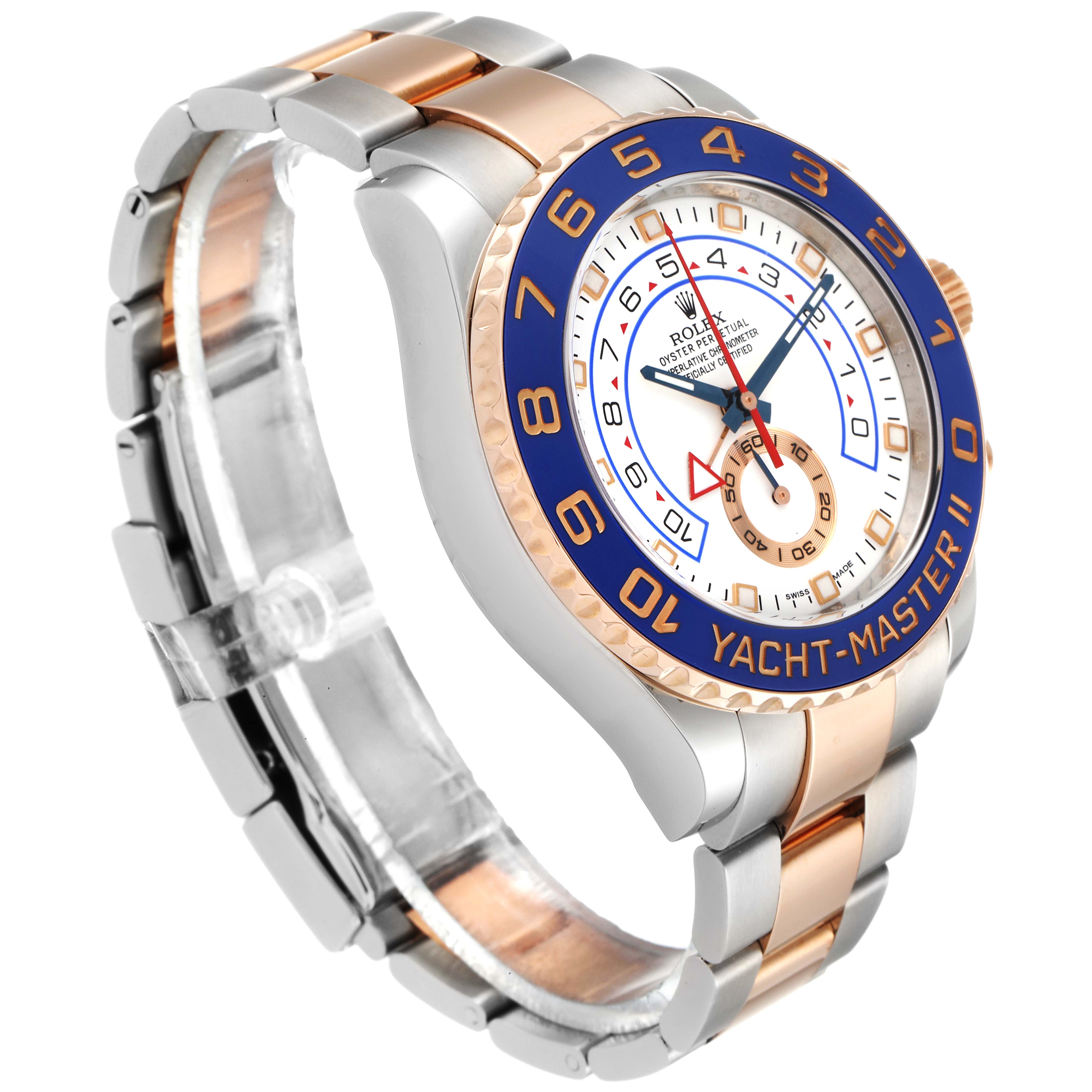 This image shows the front and side view of the Rolex Yacht-Master 116681 Men's Steel and Gold (two tone) White Dial 116681 Men's Steel and Gold (two tone) White Dial II watch, highlighting the bezel, dial, and bracelet.