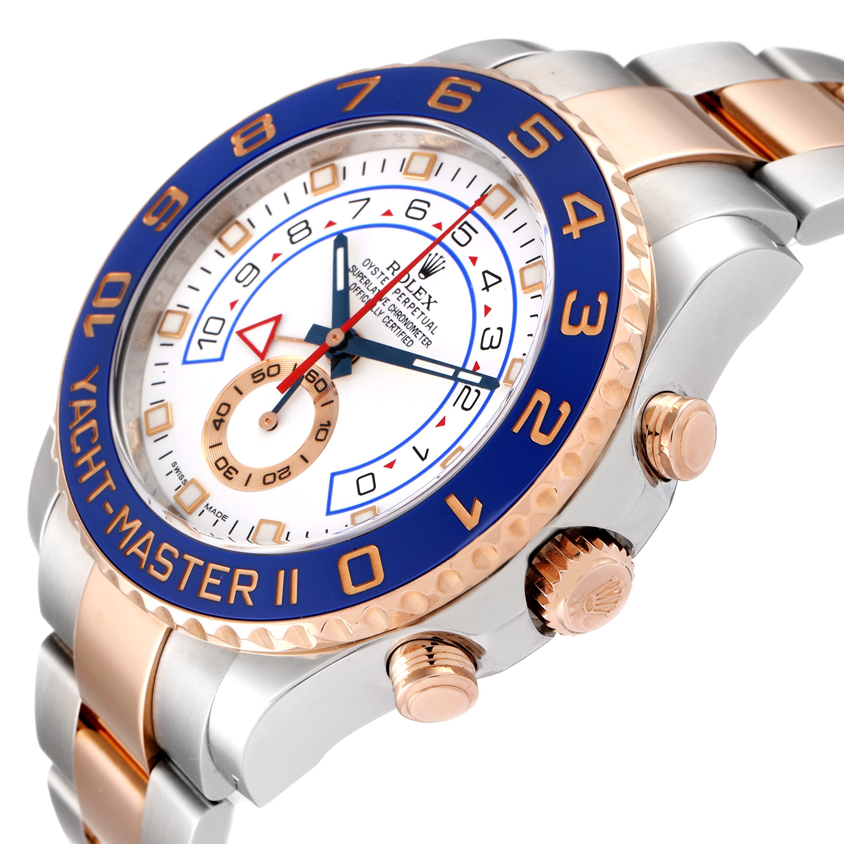 This image shows a Rolex Yacht-Master 116681 Men's Steel and Gold (two tone) White Dial 116681 Men's Steel and Gold (two tone) White Dial II watch angle, featuring the bezel, face, pushers, and part of the bracelet.