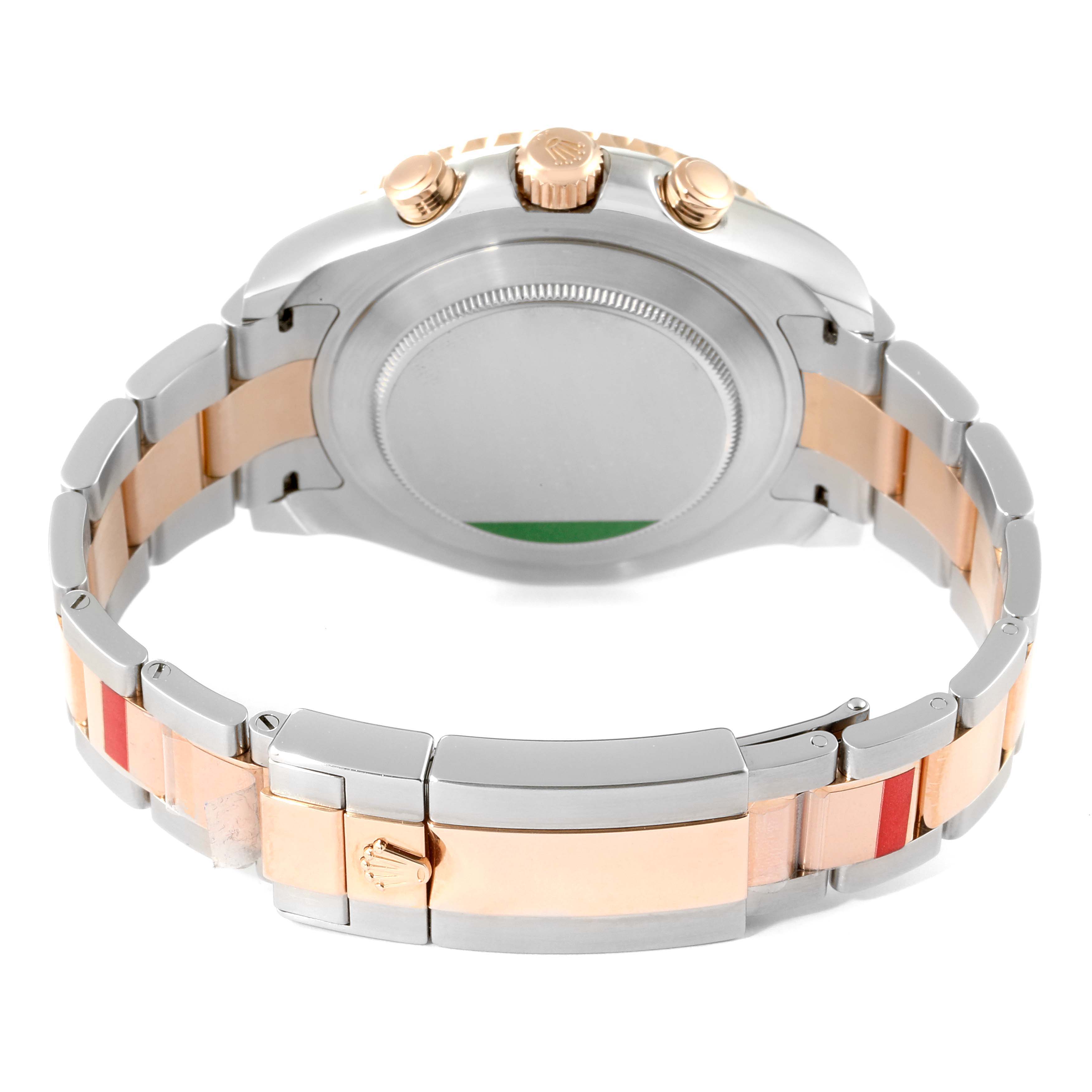 The image shows the back and clasp of the Rolex Yacht-Master 116681 Men's Steel and Gold (two tone) White Dial 116681 Men's Steel and Gold (two tone) White Dial watch, highlighting its two-tone metal bracelet and case.