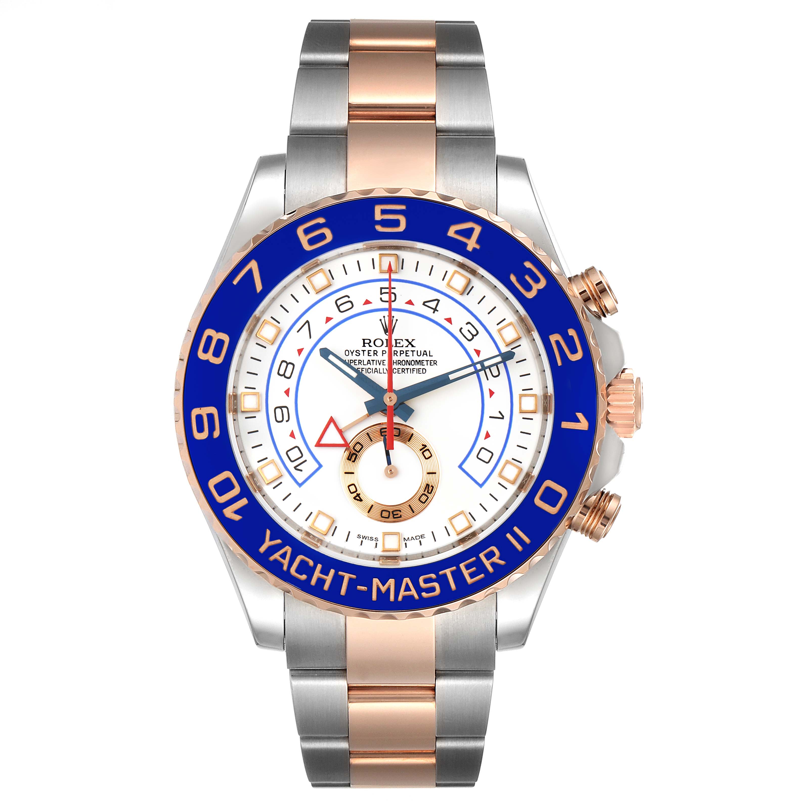 The image shows a front view of the Rolex Yacht-Master 116681 Men's Steel and Gold (two tone) White Dial 116681 Men's Steel and Gold (two tone) White Dial II, showcasing its face, bezel, and bracelet.