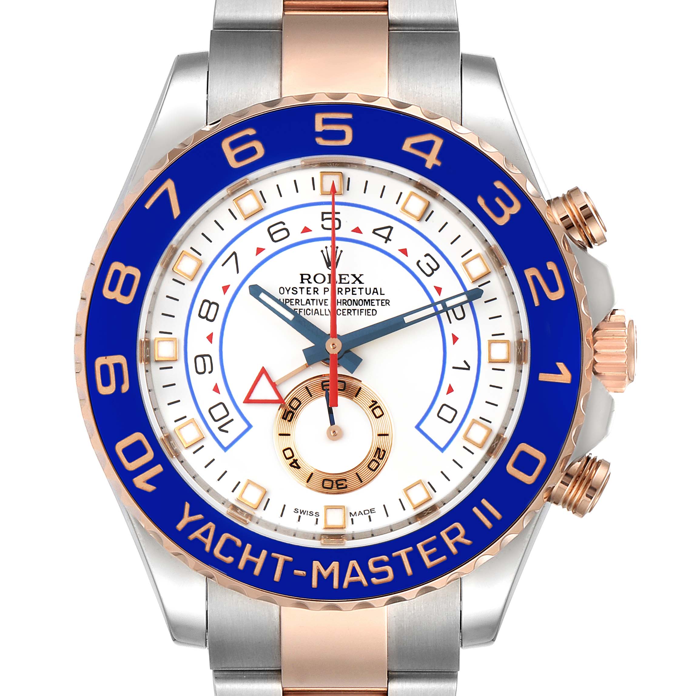 This image shows a front view of a Rolex Yacht-Master 116681 Men's Steel and Gold (two tone) White Dial 116681 Men's Steel and Gold (two tone) White Dial II watch, featuring its dial, bezel, and part of the bracelet.