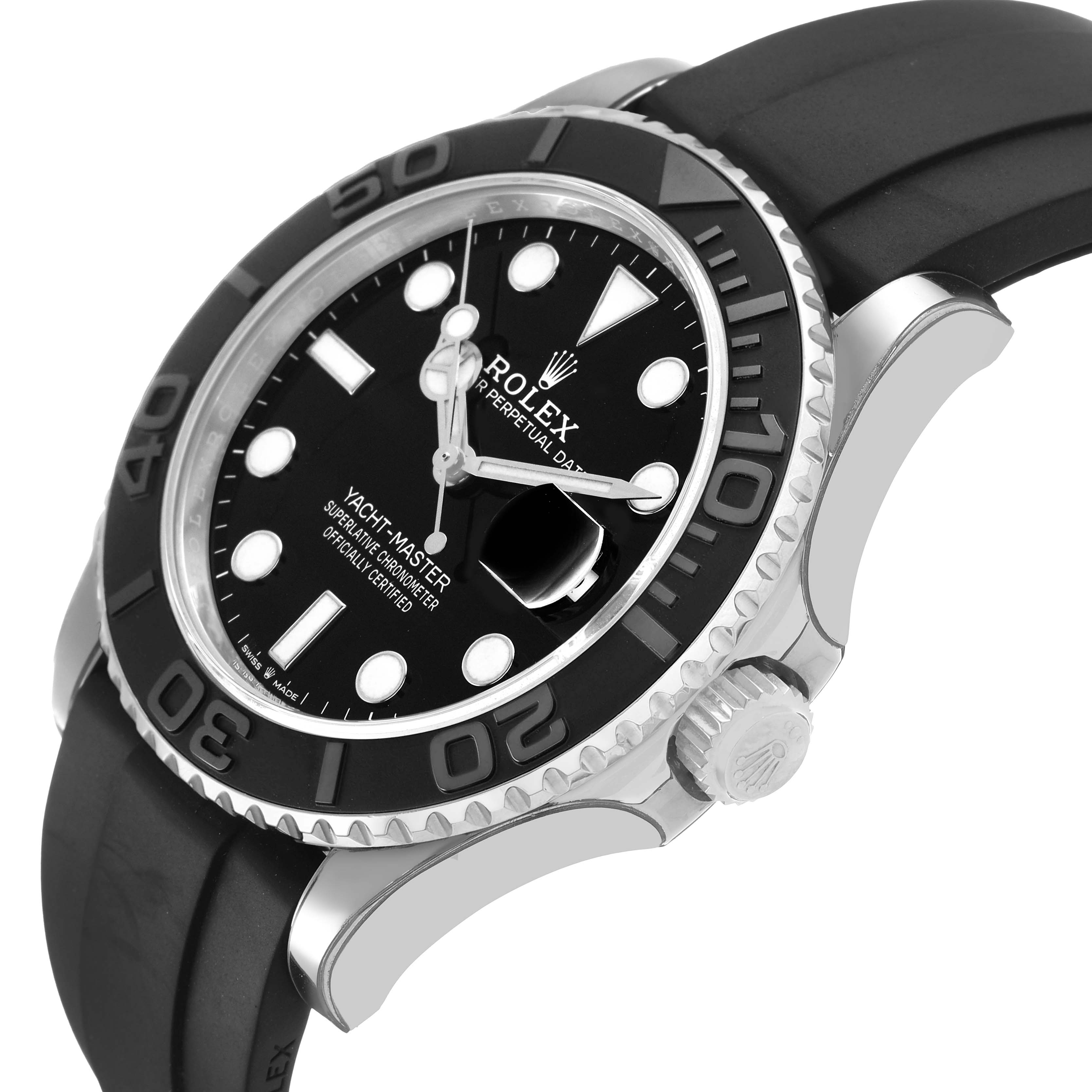 The Rolex Yacht-Master 226659 Men's White Gold Black Dial watch is shown at an angle highlighting the bezel, dial, crown, and part of the strap.