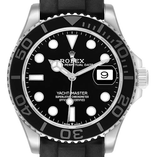 The Rolex Yacht-Master 226659 Men's White Gold Black Dial watch is shown from a front angle, highlighting the dial, bezel, and part of the strap.